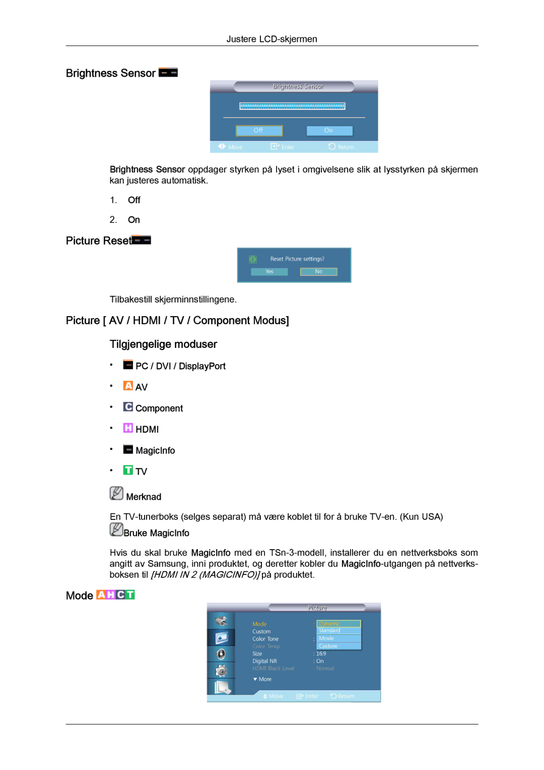 Samsung LH32CRTMBC/EN, LH32CRSMBC/EN, LH32CRSMBD/EN manual Brightness Sensor, Picture Reset 