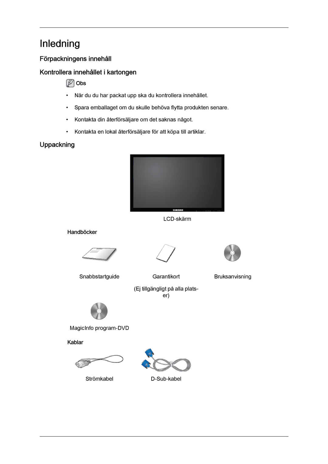 Samsung LH32CRSMBC/EN manual Förpackningens innehåll Kontrollera innehållet i kartongen, Uppackning, Handböcker, Kablar 