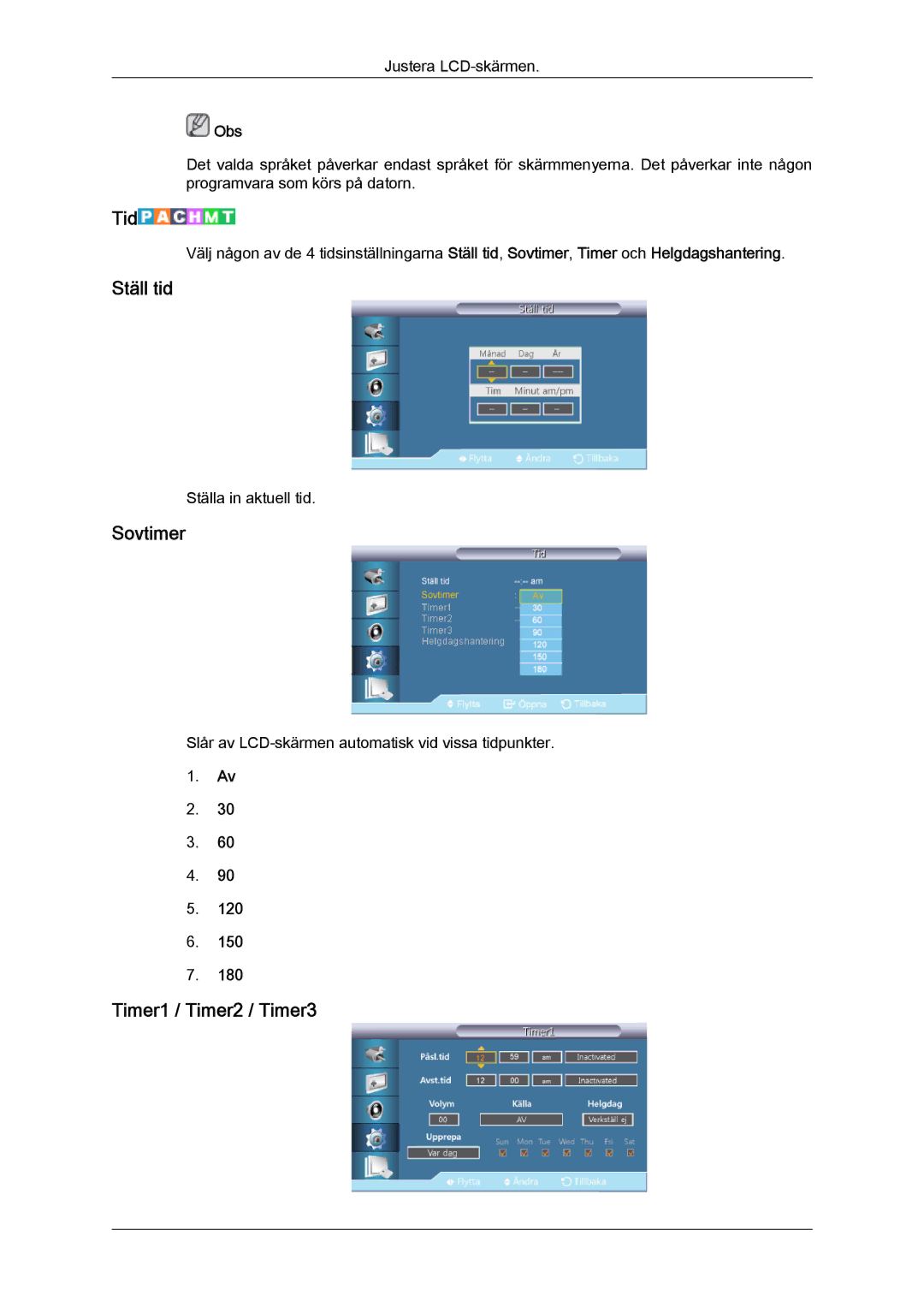 Samsung LH32CRTMBC/EN, LH32CRSMBC/EN, LH32CRSMBD/EN manual Tid, Ställ tid, Sovtimer, Timer1 / Timer2 / Timer3 