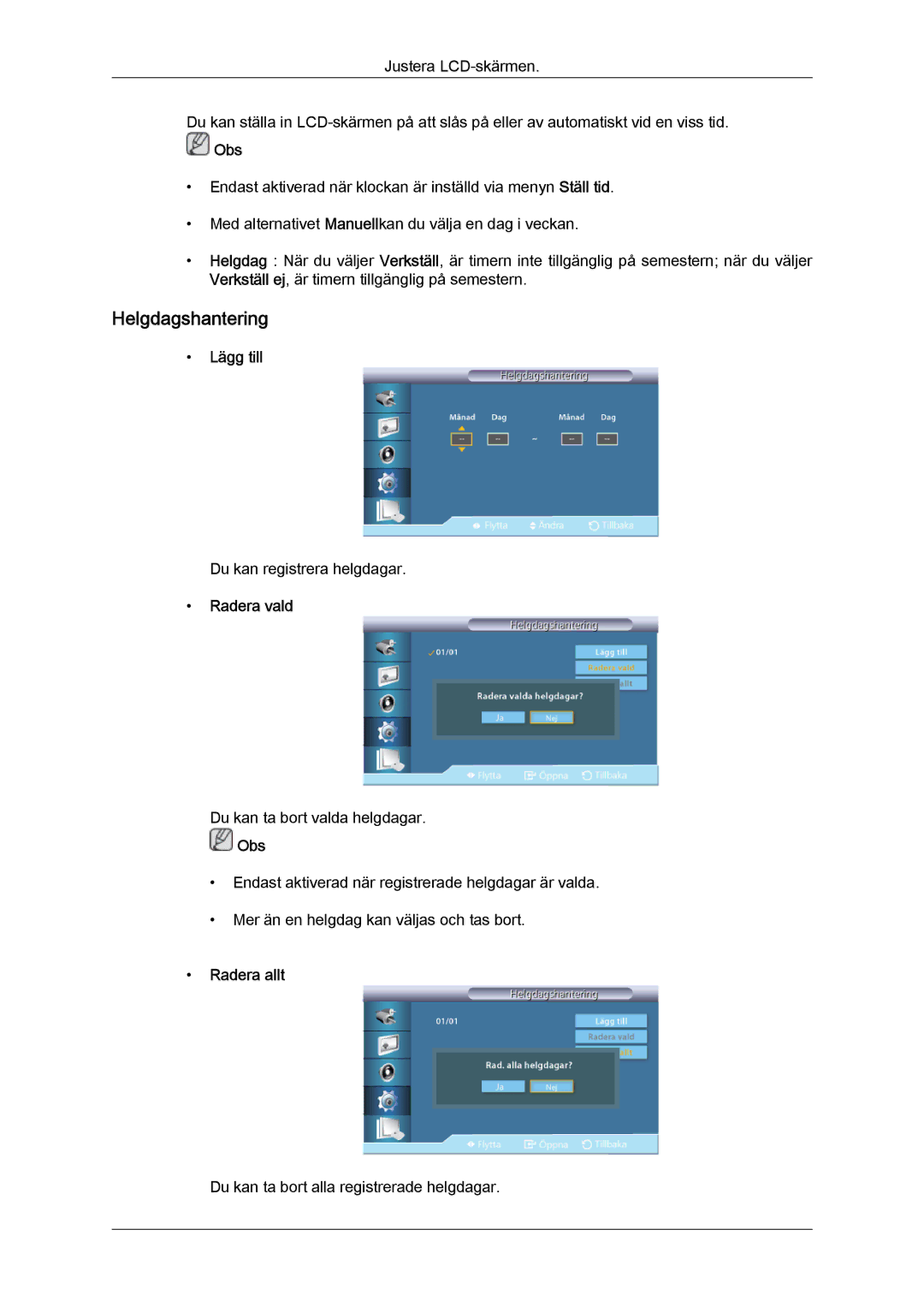 Samsung LH32CRSMBC/EN, LH32CRTMBC/EN, LH32CRSMBD/EN manual Helgdagshantering, Lägg till, Radera vald, Radera allt 