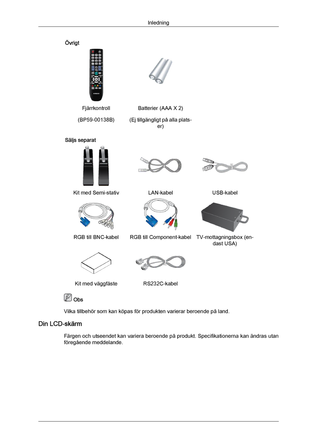 Samsung LH32CRSMBD/EN, LH32CRTMBC/EN, LH32CRSMBC/EN manual Din LCD-skärm, Övrigt, Säljs separat 