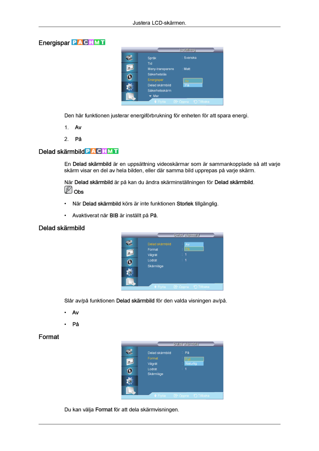 Samsung LH32CRTMBC/EN, LH32CRSMBC/EN, LH32CRSMBD/EN manual Energispar, Delad skärmbild, Format 