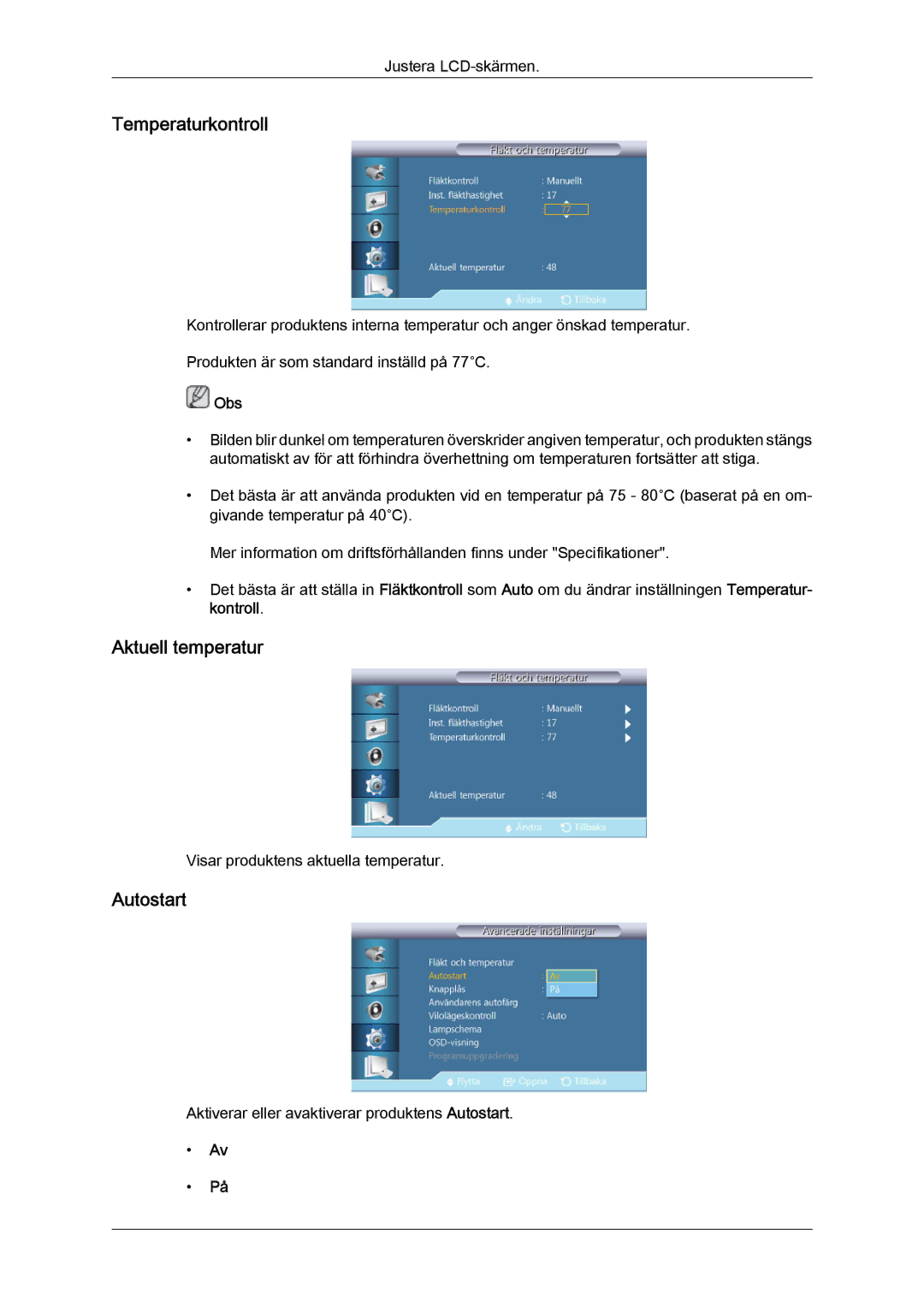 Samsung LH32CRSMBD/EN, LH32CRTMBC/EN, LH32CRSMBC/EN manual Temperaturkontroll, Aktuell temperatur, Autostart 