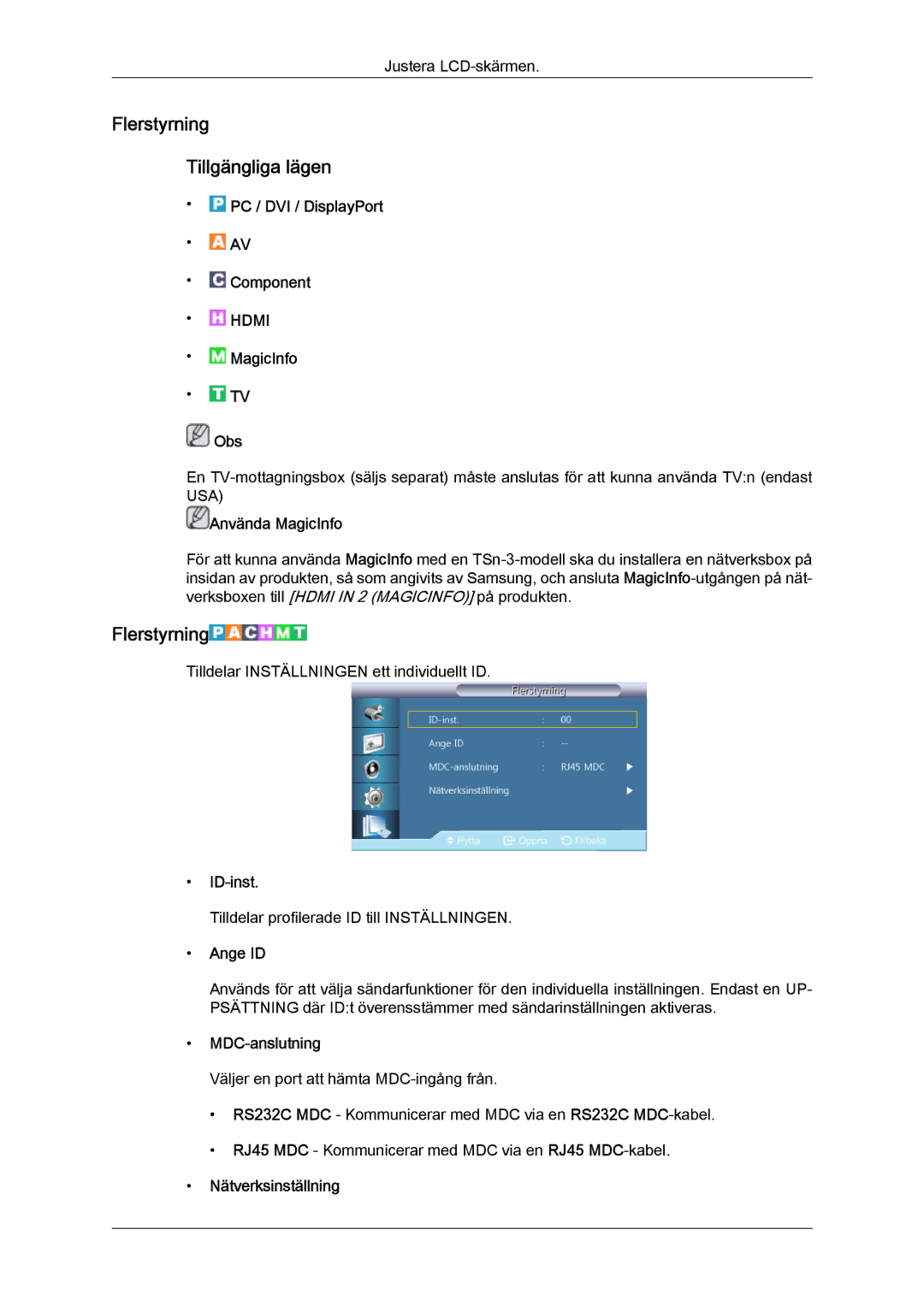 Samsung LH32CRSMBC/EN, LH32CRTMBC/EN, LH32CRSMBD/EN manual Flerstyrning Tillgängliga lägen 