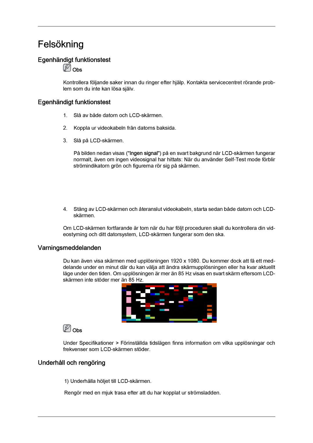 Samsung LH32CRTMBC/EN, LH32CRSMBC/EN, LH32CRSMBD/EN Egenhändigt funktionstest, Varningsmeddelanden, Underhåll och rengöring 