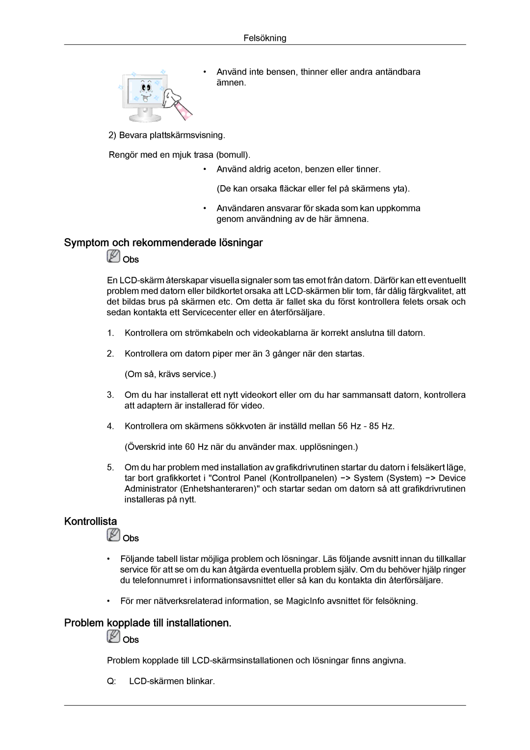 Samsung LH32CRSMBC/EN manual Symptom och rekommenderade lösningar, Kontrollista, Problem kopplade till installationen 