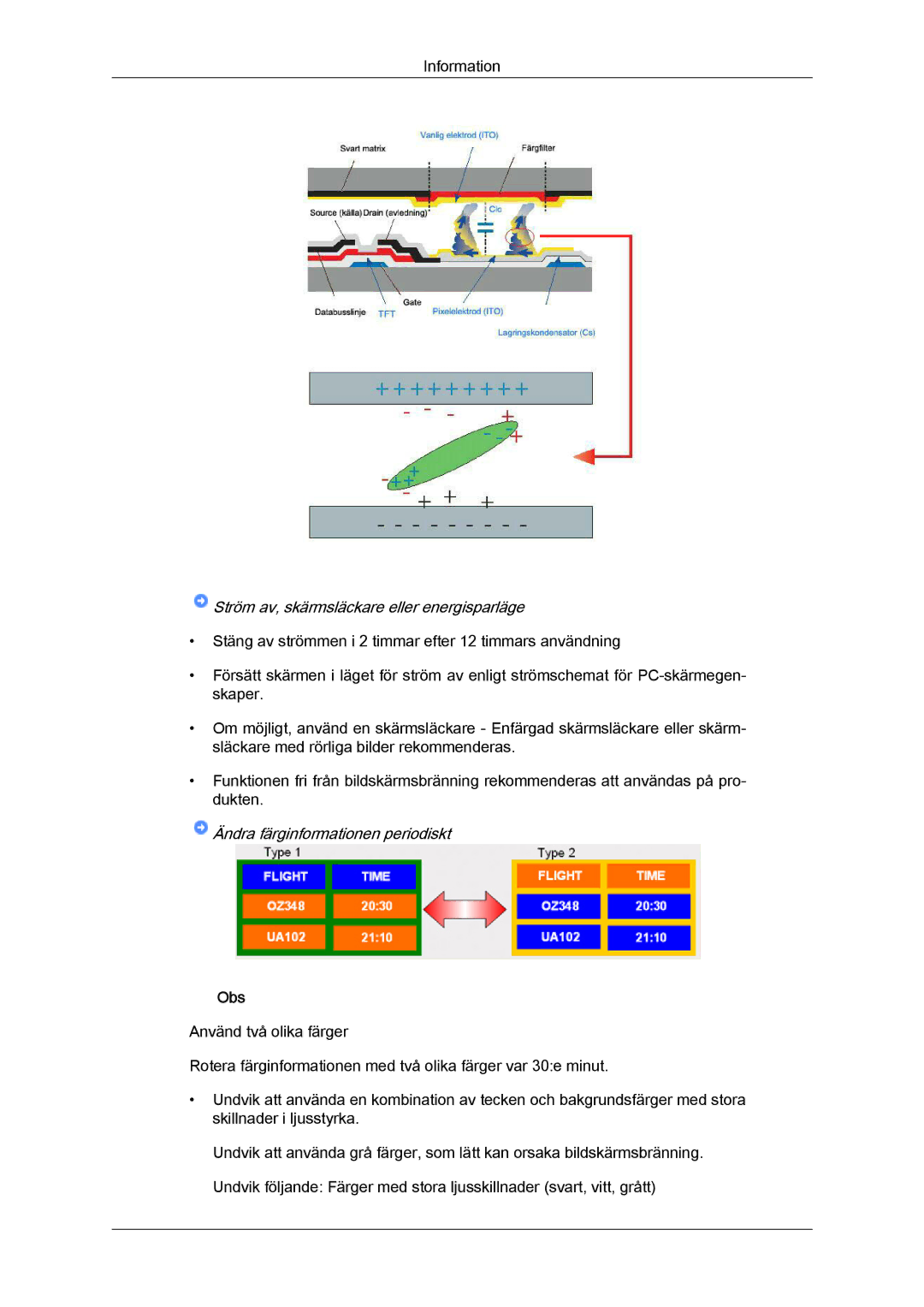 Samsung LH32CRSMBC/EN, LH32CRTMBC/EN manual Ström av, skärmsläckare eller energisparläge, Ändra färginformationen periodiskt 