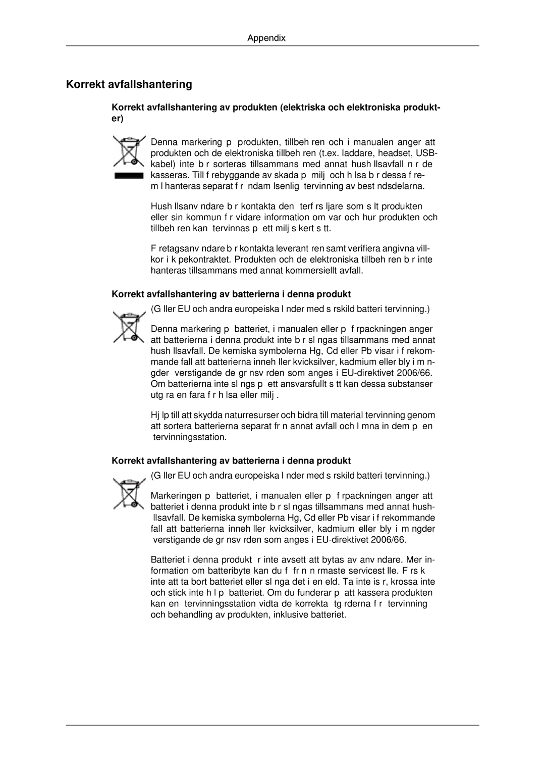 Samsung LH32CRTMBC/EN, LH32CRSMBC/EN, LH32CRSMBD/EN manual Korrekt avfallshantering av batterierna i denna produkt 