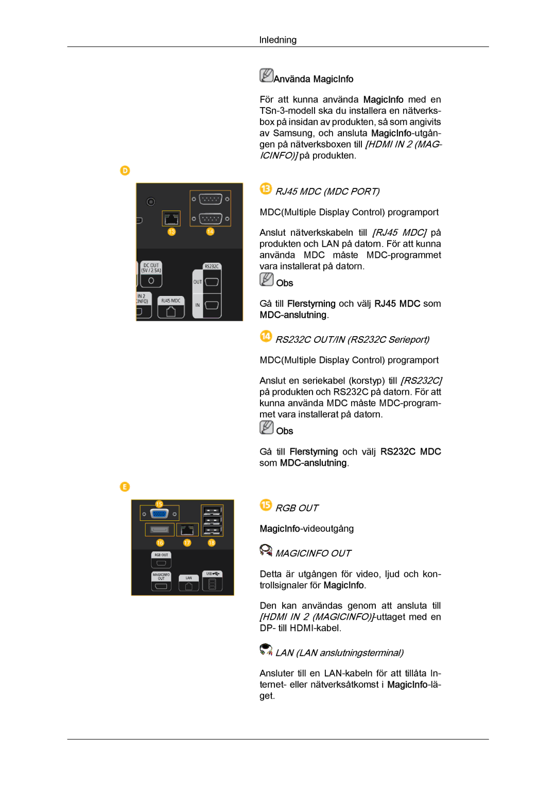 Samsung LH32CRSMBC/EN, LH32CRTMBC/EN, LH32CRSMBD/EN manual RS232C OUT/IN RS232C Serieport, LAN LAN anslutningsterminal 