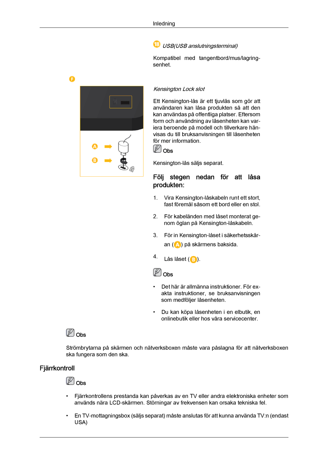 Samsung LH32CRSMBD/EN, LH32CRTMBC/EN Följ stegen nedan för att låsa produkten, Fjärrkontroll, Usbusb anslutningsterminal 