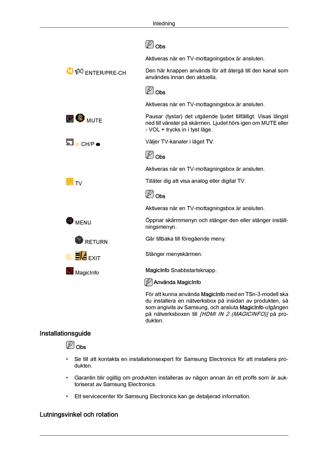 Samsung LH32CRSMBD/EN, LH32CRTMBC/EN, LH32CRSMBC/EN manual Installationsguide, Lutningsvinkel och rotation 