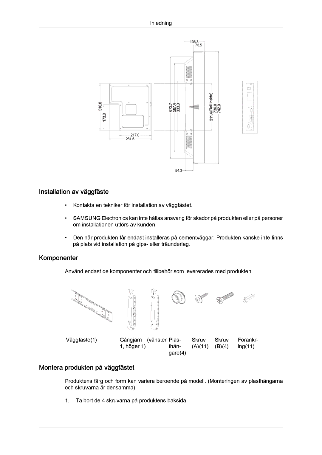 Samsung LH32CRTMBC/EN, LH32CRSMBC/EN, LH32CRSMBD/EN Installation av väggfäste, Komponenter, Montera produkten på väggfästet 