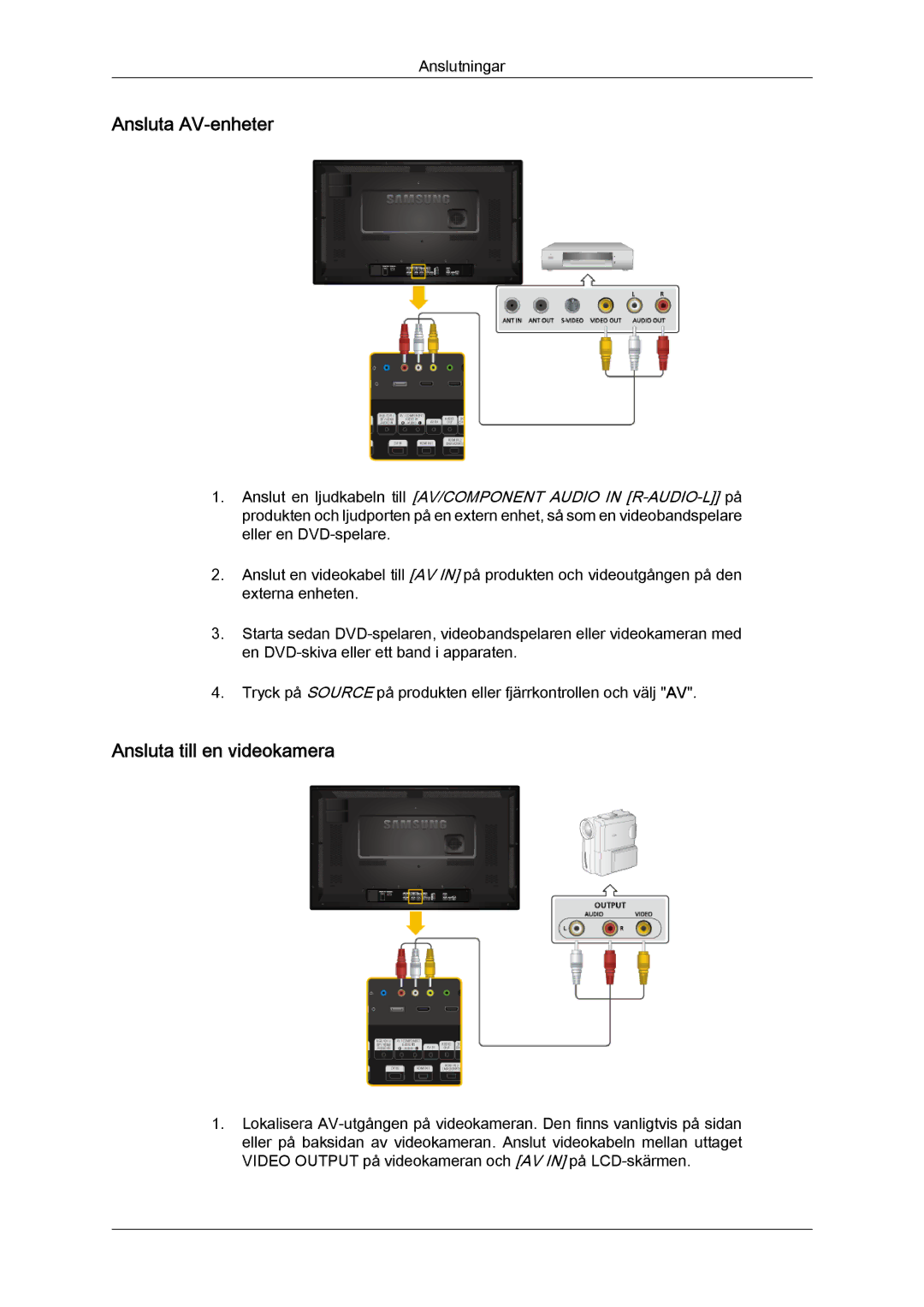 Samsung LH32CRTMBC/EN, LH32CRSMBC/EN, LH32CRSMBD/EN manual Ansluta AV-enheter, Ansluta till en videokamera 