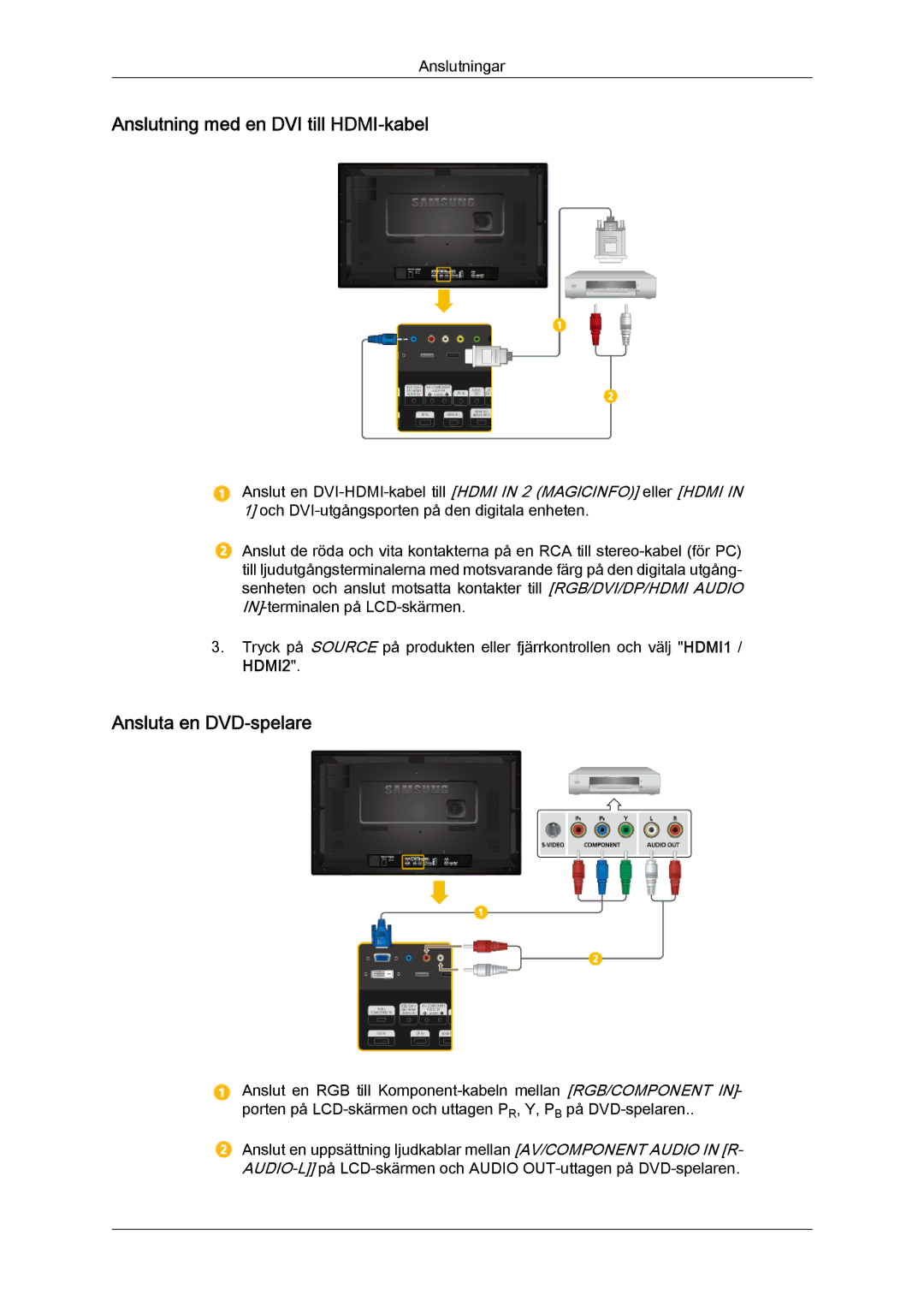 Samsung LH32CRSMBD/EN, LH32CRTMBC/EN, LH32CRSMBC/EN manual Anslutning med en DVI till HDMI-kabel, Ansluta en DVD-spelare 