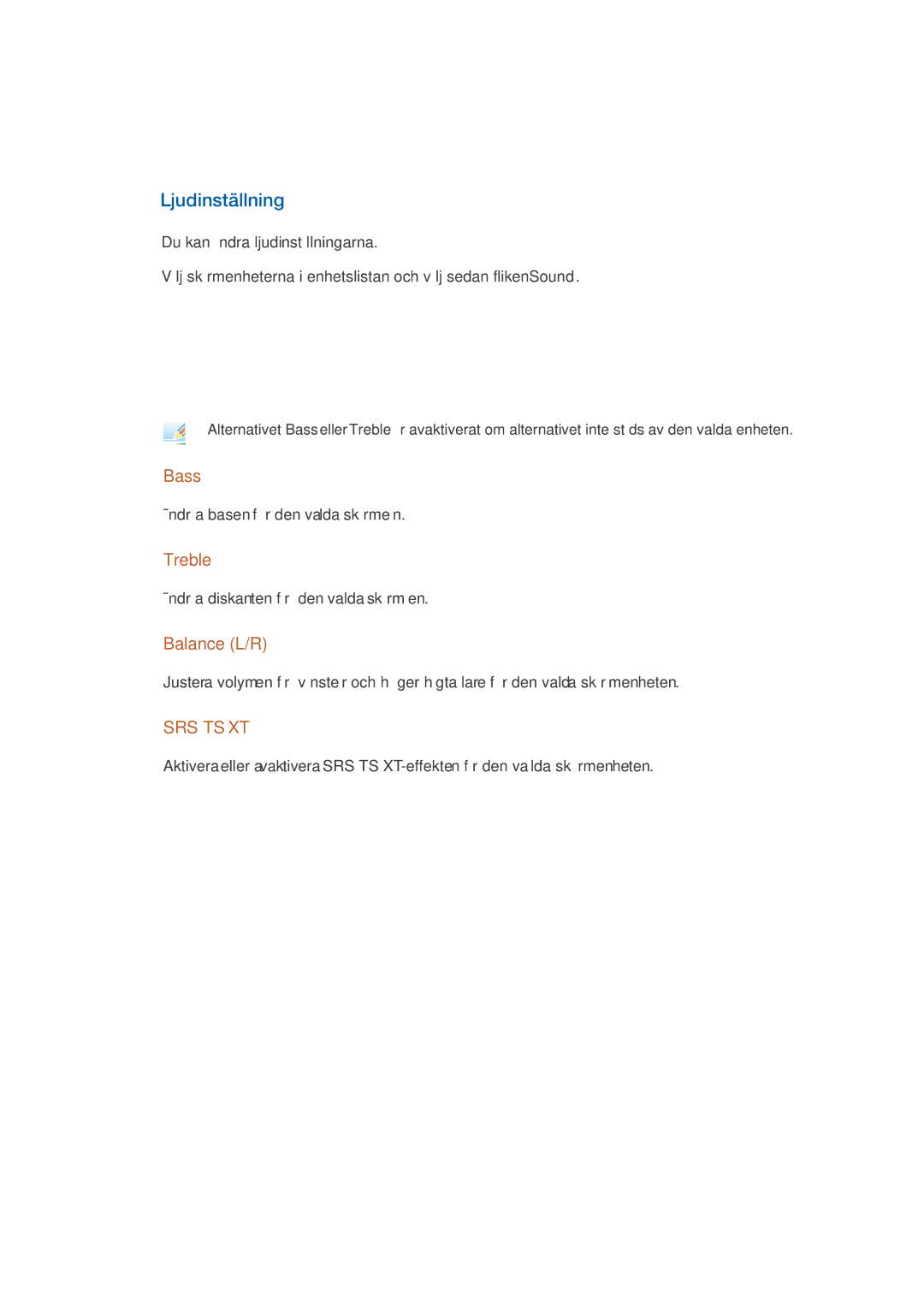 Samsung LH32CRTMBC/EN, LH32CRSMBC/EN, LH32CRSMBD/EN manual Ljudinställning, Bass, Treble, Balance L/R 