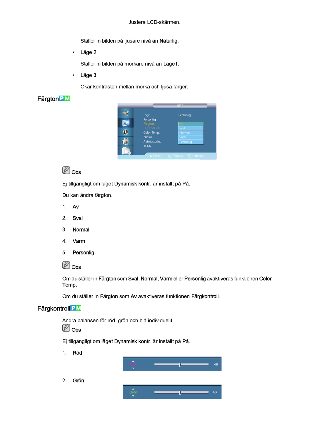 Samsung LH32CRTMBC/EN, LH32CRSMBC/EN, LH32CRSMBD/EN manual Färgton, Färgkontroll, Sval Normal Varm Personlig Obs, Röd Grön 