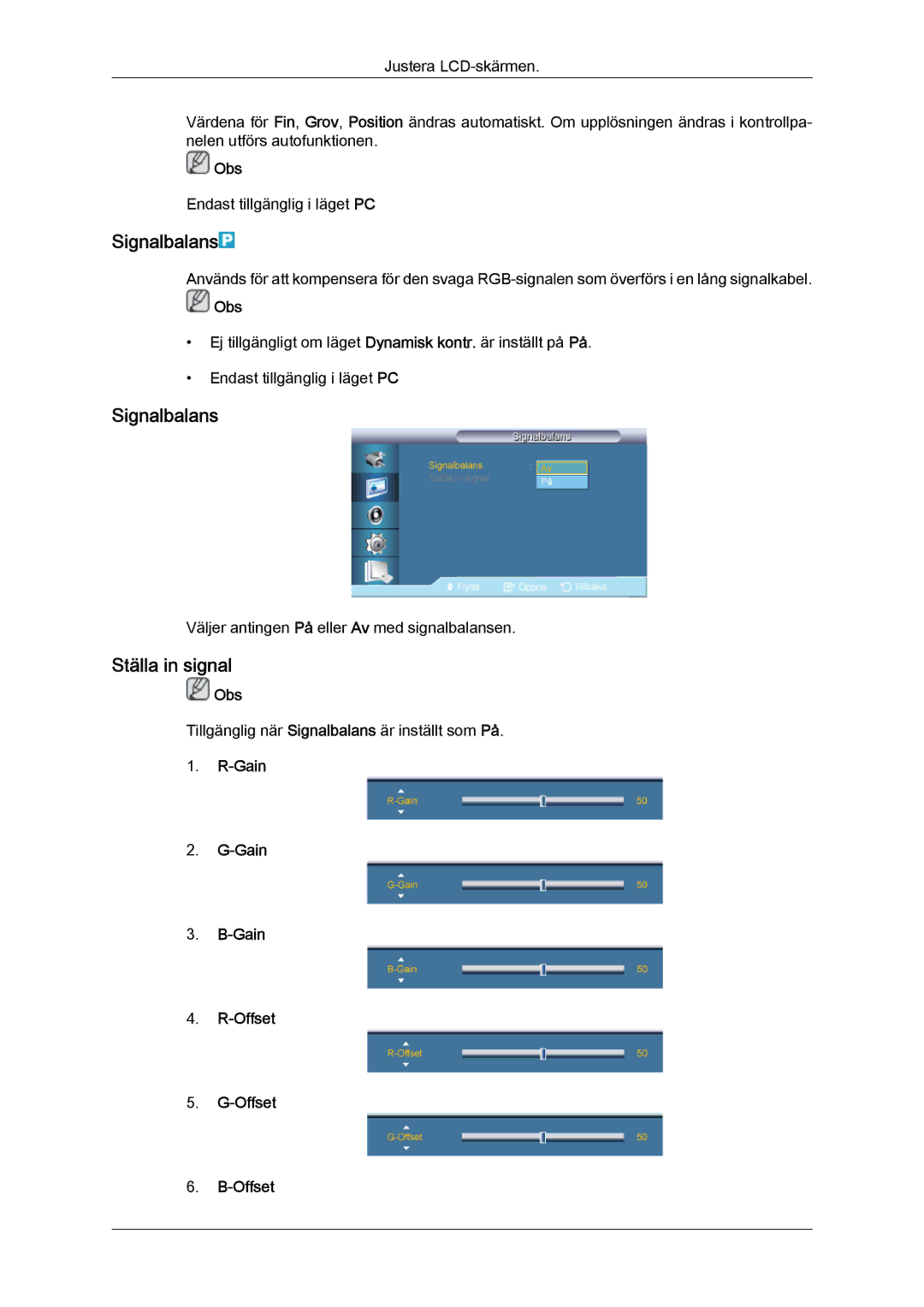 Samsung LH32CRSMBD/EN, LH32CRTMBC/EN, LH32CRSMBC/EN manual Signalbalans, Ställa in signal, Gain Offset 