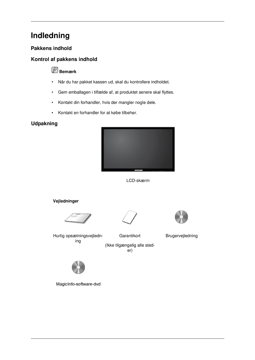 Samsung LH32CRSMBC/EN, LH32CRTMBC/EN, LH32CRSMBD/EN Pakkens indhold Kontrol af pakkens indhold, Udpakning, Vejledninger 