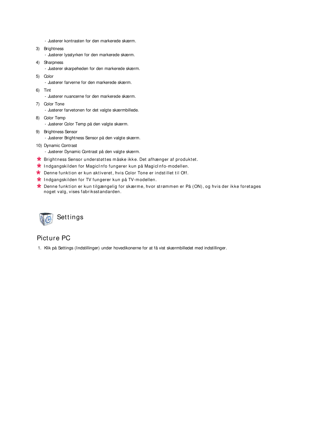 Samsung LH32CRTMBC/EN, LH32CRSMBC/EN, LH32CRSMBD/EN manual Settings Picture PC 