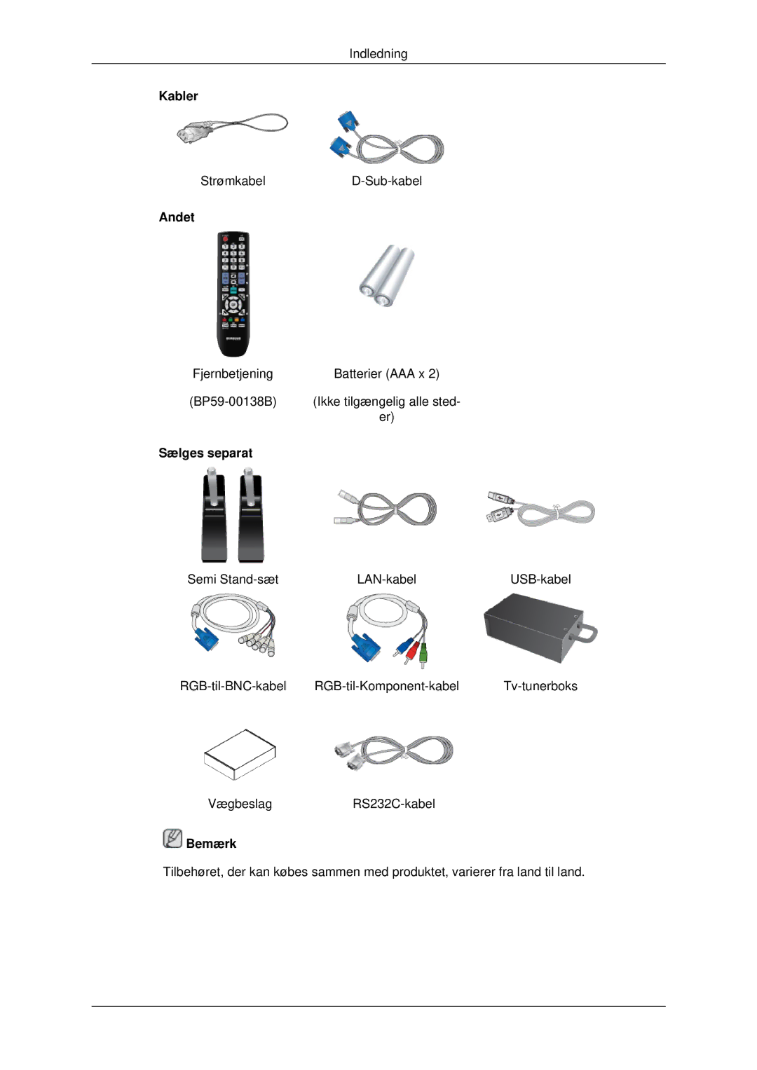 Samsung LH32CRSMBD/EN, LH32CRTMBC/EN, LH32CRSMBC/EN manual Kabler, Andet, Sælges separat 