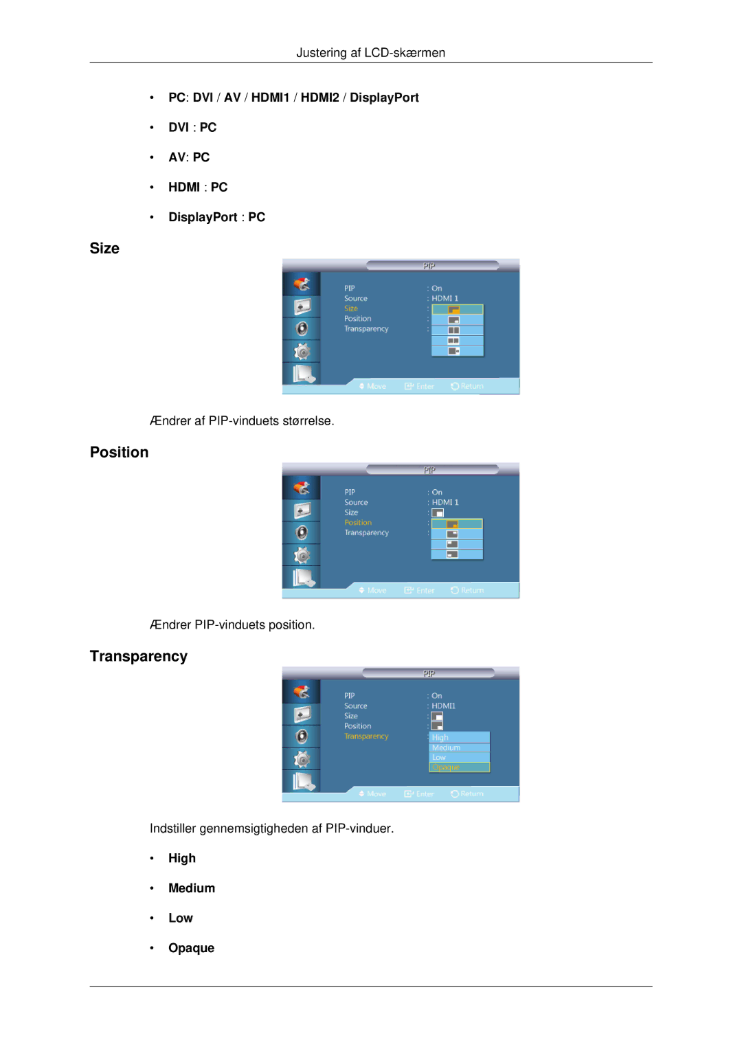 Samsung LH32CRSMBD/EN, LH32CRTMBC/EN, LH32CRSMBC/EN manual Size, Position, Transparency 