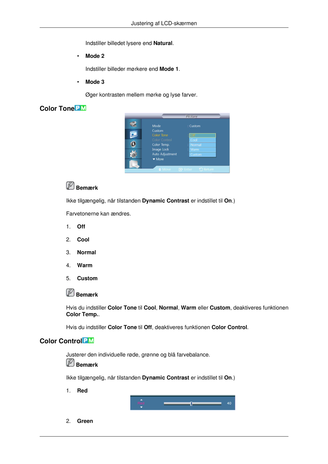 Samsung LH32CRSMBC/EN, LH32CRTMBC/EN manual Color Tone, Color Control, Off Cool Normal Warm Custom Bemærk, Red Green 