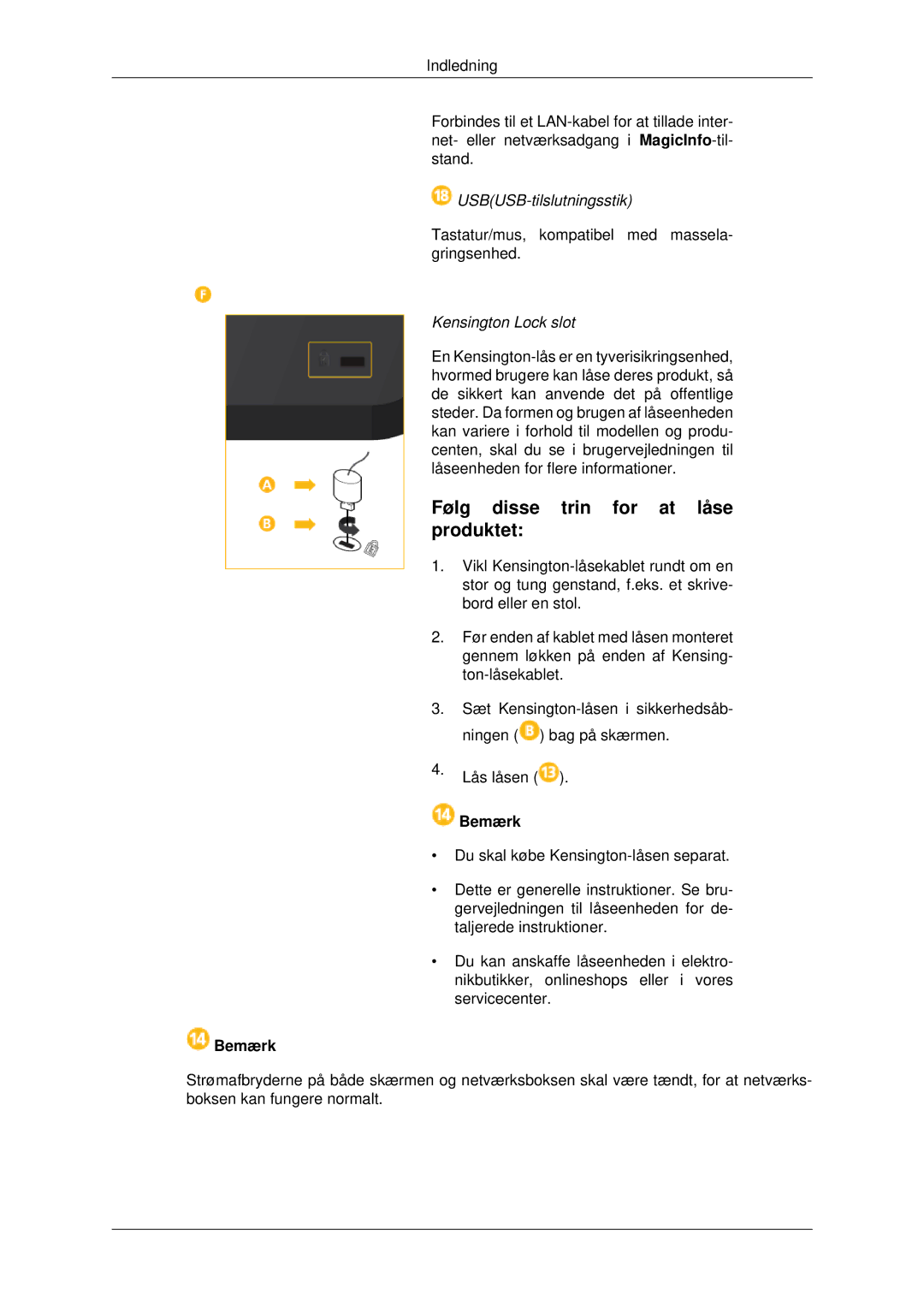 Samsung LH32CRSMBD/EN, LH32CRTMBC/EN Følg disse trin for at låse produktet, USBUSB-tilslutningsstik, Kensington Lock slot 