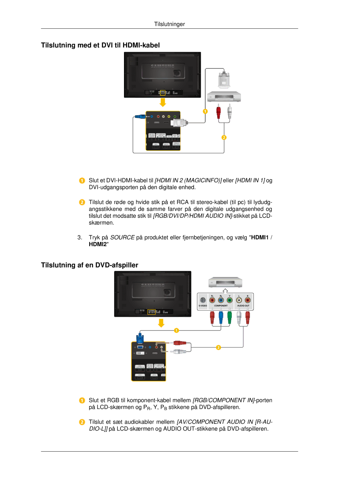 Samsung LH32CRSMBD/EN, LH32CRTMBC/EN, LH32CRSMBC/EN Tilslutning med et DVI til HDMI-kabel, Tilslutning af en DVD-afspiller 