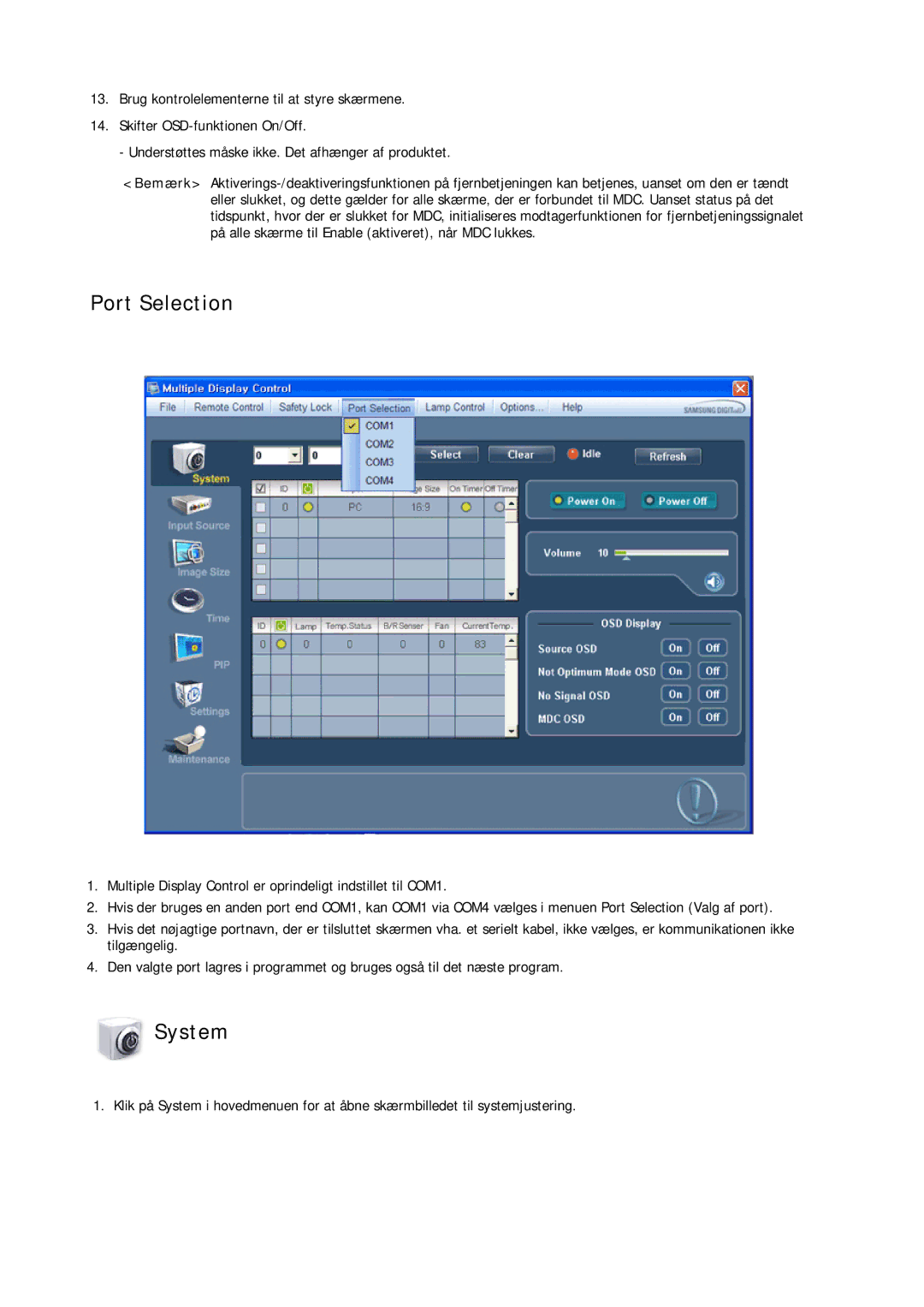 Samsung LH32CRTMBC/EN, LH32CRSMBC/EN, LH32CRSMBD/EN manual Port Selection, System 