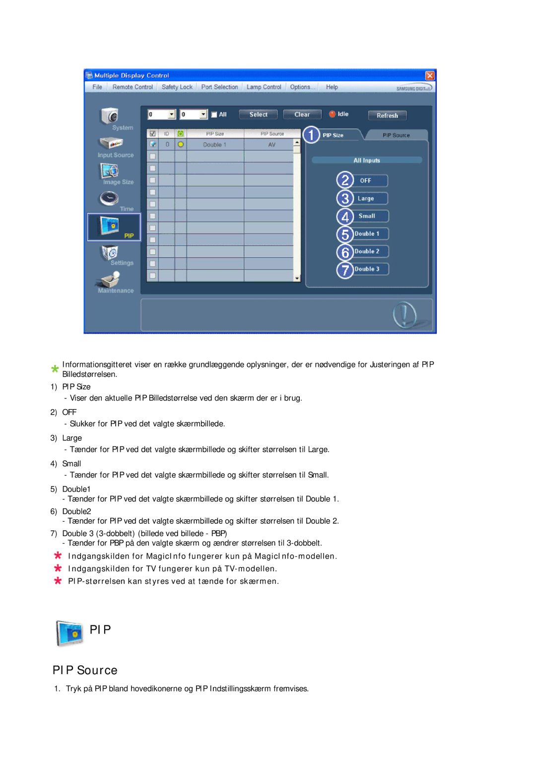 Samsung LH32CRSMBD/EN, LH32CRTMBC/EN, LH32CRSMBC/EN manual PIP Source 