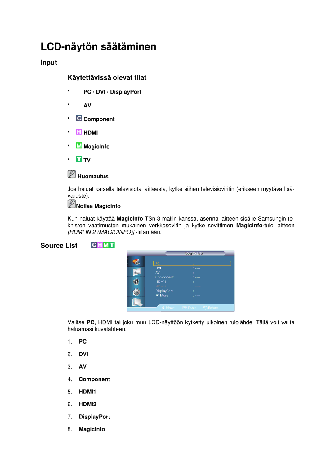 Samsung LH32CRSMBD/EN Input Käytettävissä olevat tilat, Source List, PC / DVI / DisplayPort Component, MagicInfo Huomautus 