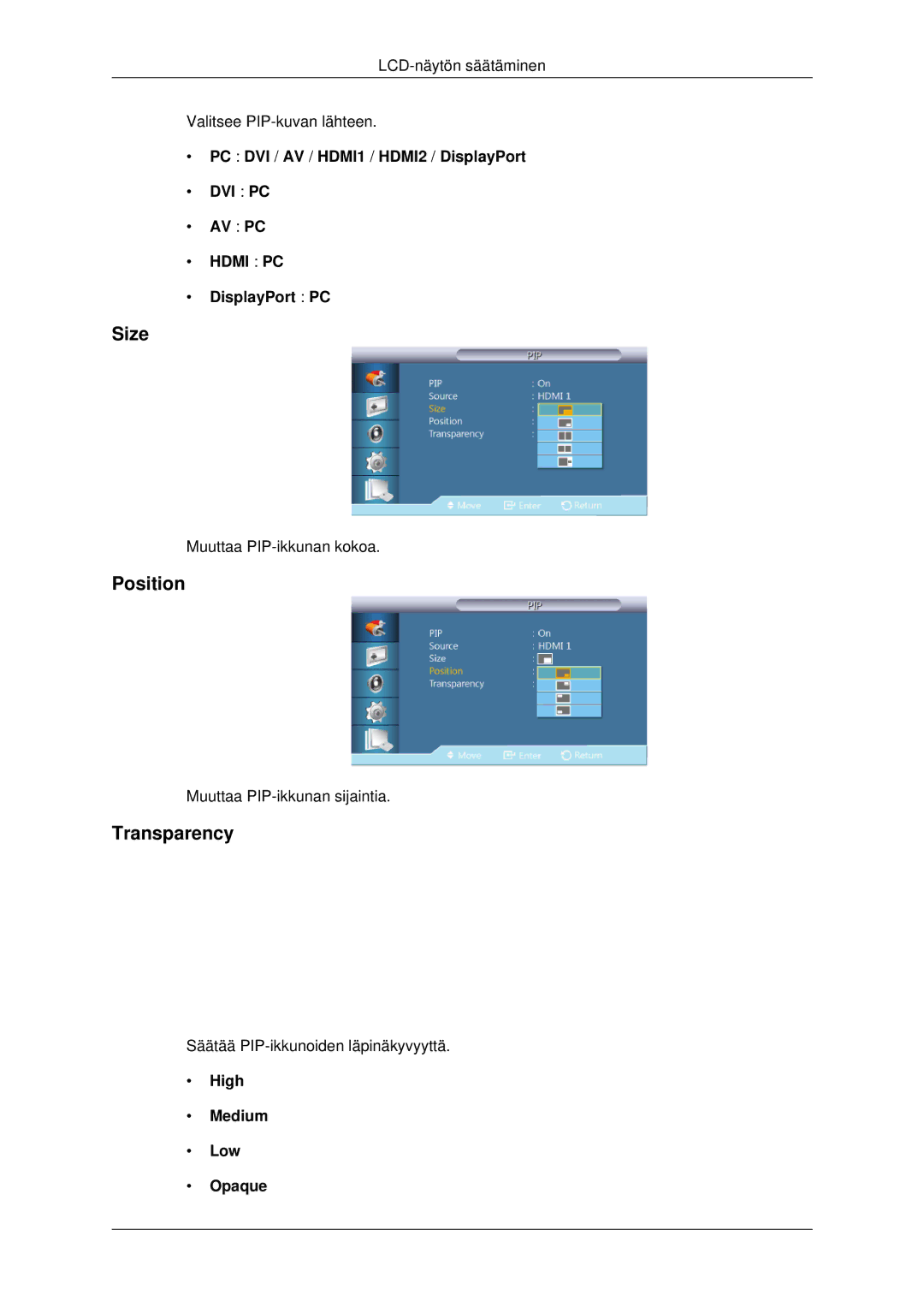 Samsung LH32CRSMBC/EN, LH32CRTMBC/EN, LH32CRSMBD/EN manual Size, Position, Transparency 