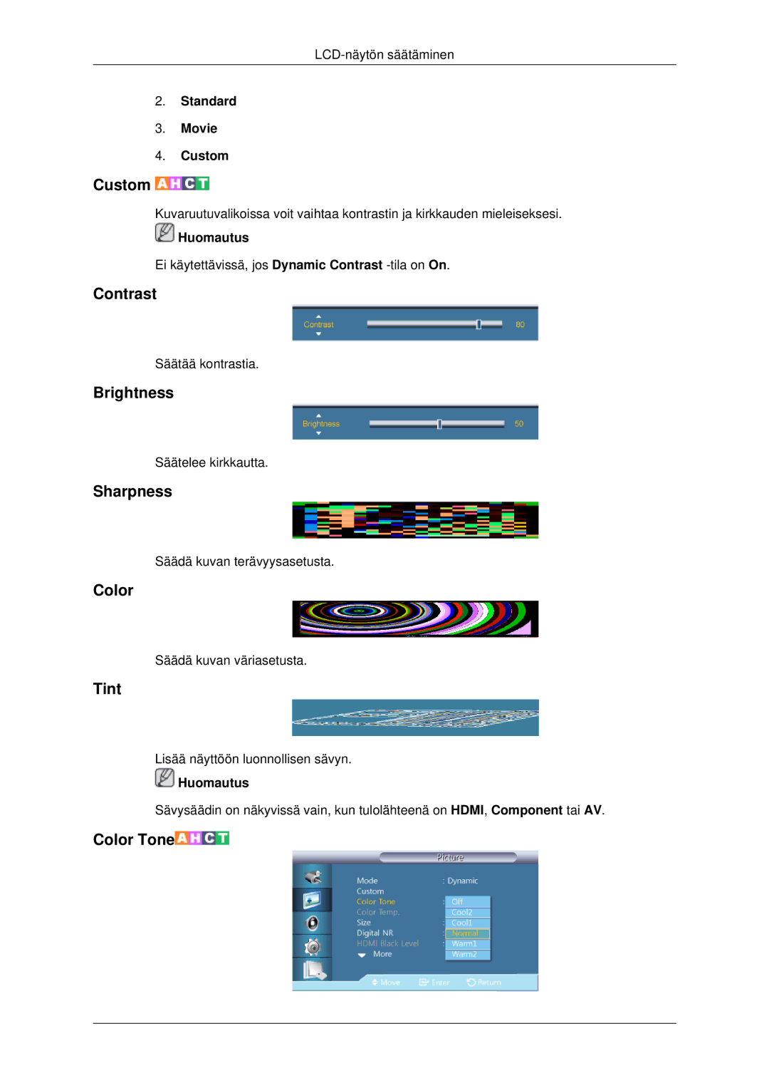 Samsung LH32CRTMBC/EN, LH32CRSMBC/EN, LH32CRSMBD/EN manual Contrast, Brightness, Sharpness, Color, Tint 