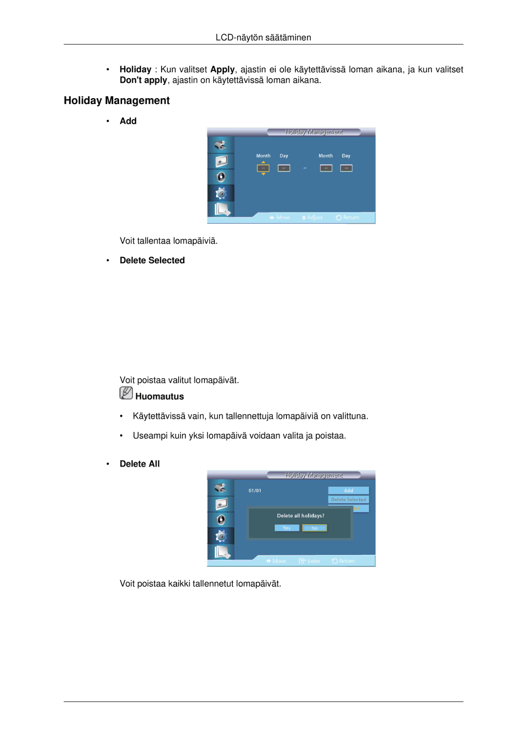 Samsung LH32CRSMBC/EN, LH32CRTMBC/EN, LH32CRSMBD/EN manual Holiday Management, Add, Delete Selected, Delete All 