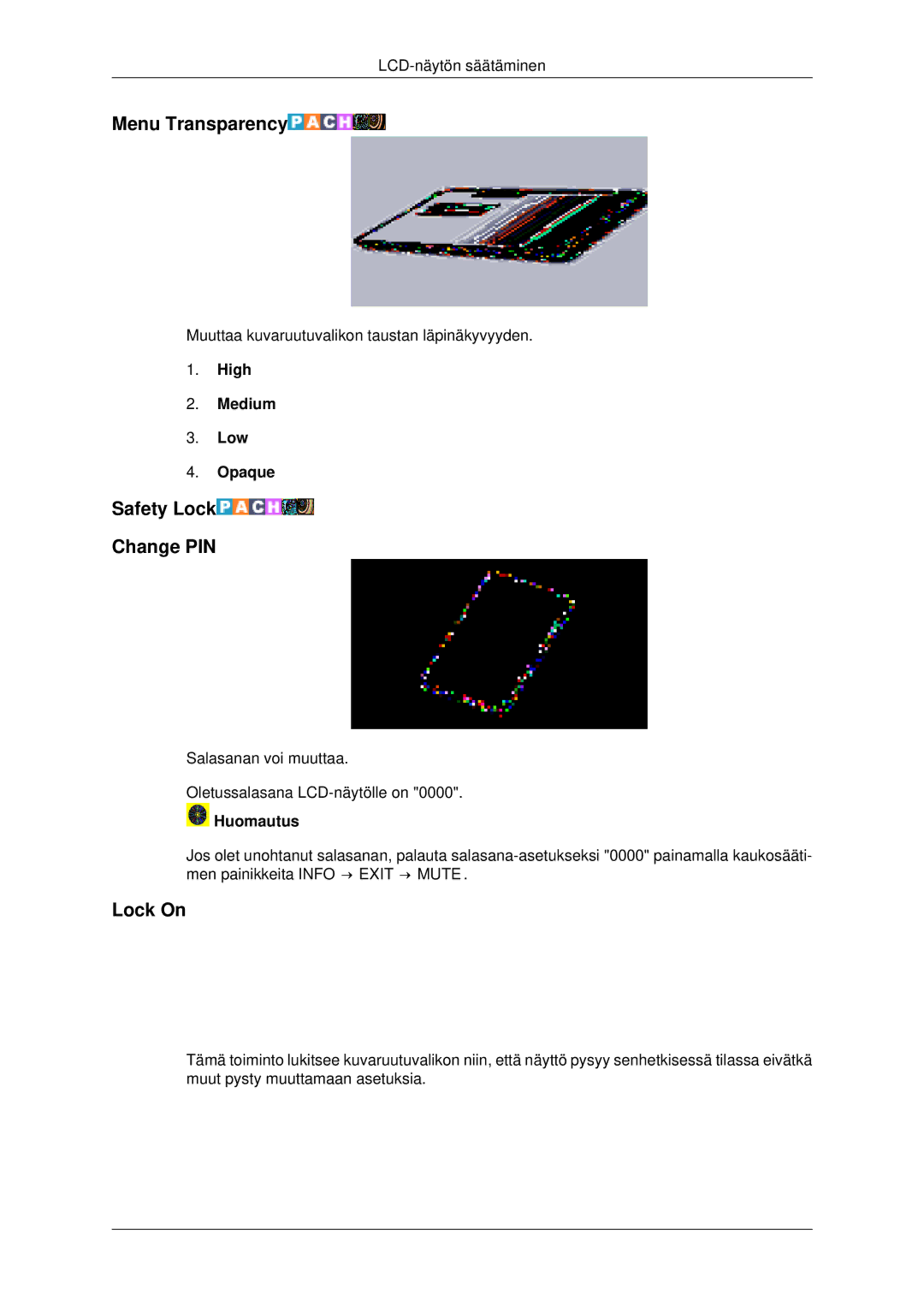 Samsung LH32CRSMBD/EN, LH32CRTMBC/EN, LH32CRSMBC/EN manual Menu Transparency, Safety Lock Change PIN, Lock On 