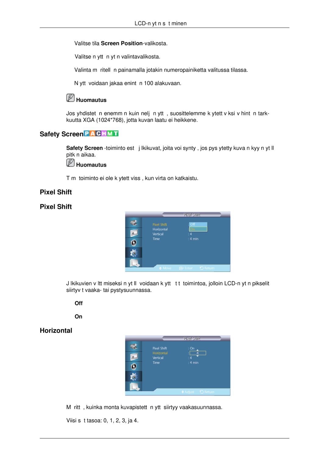 Samsung LH32CRSMBD/EN, LH32CRTMBC/EN, LH32CRSMBC/EN manual Safety Screen, Pixel Shift 