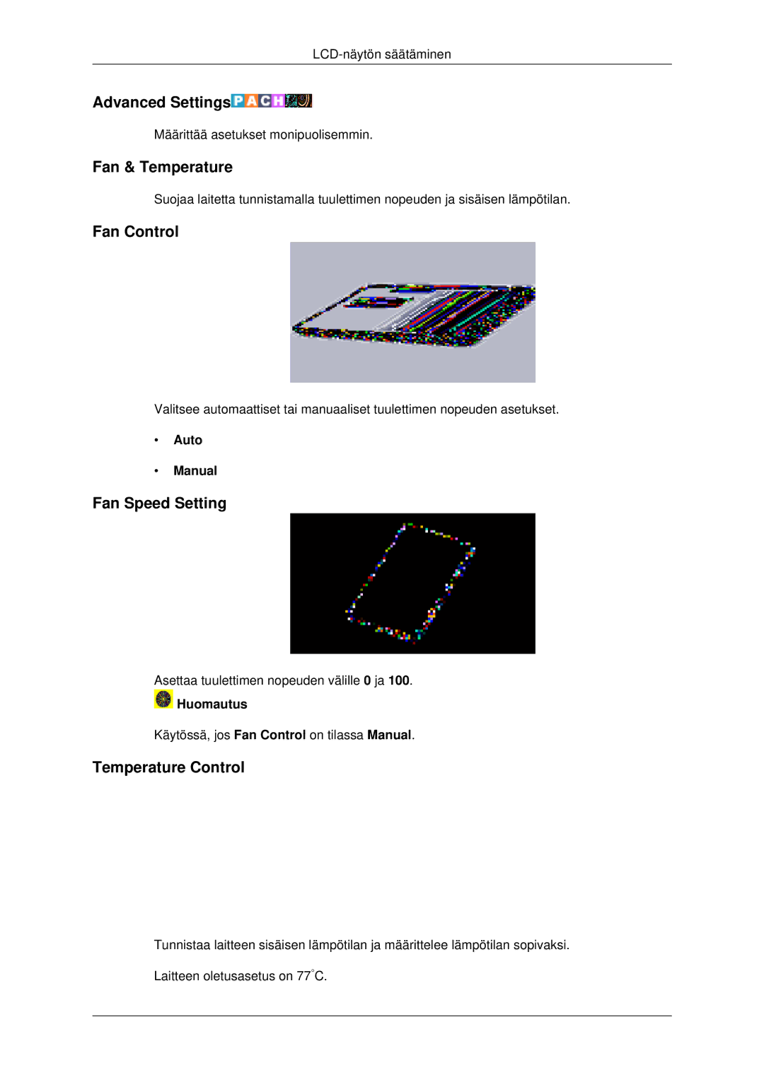 Samsung LH32CRSMBC/EN manual Advanced Settings, Fan & Temperature, Fan Control, Fan Speed Setting, Temperature Control 