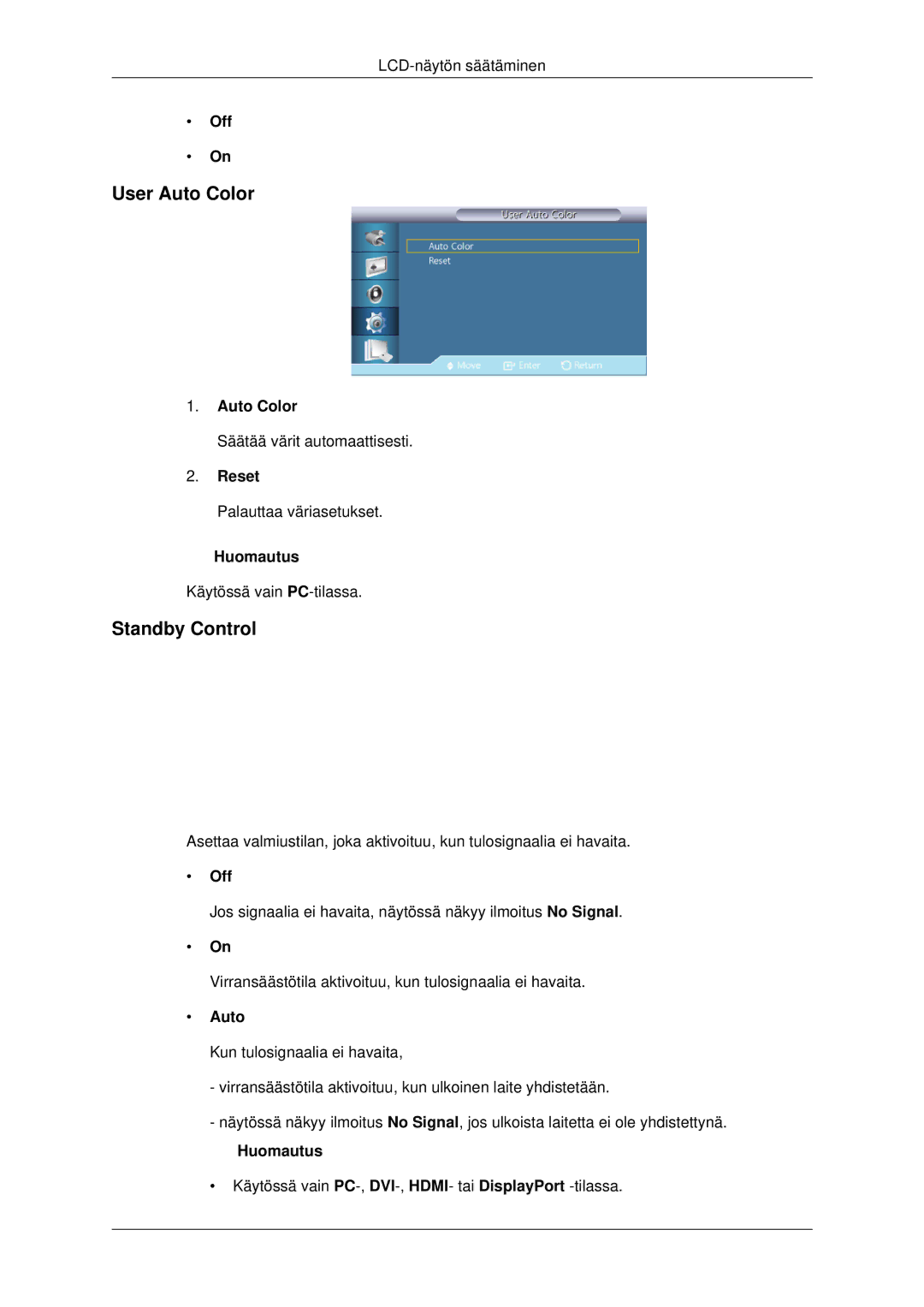 Samsung LH32CRTMBC/EN, LH32CRSMBC/EN, LH32CRSMBD/EN manual User Auto Color, Standby Control, Reset 