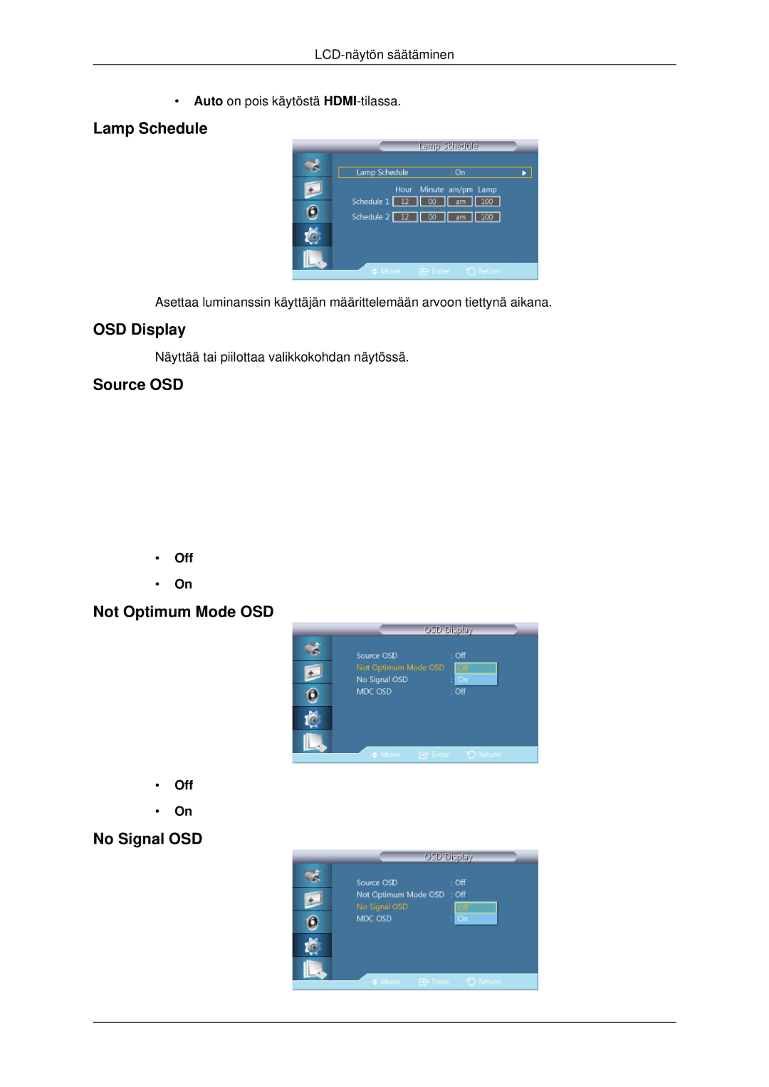 Samsung LH32CRSMBC/EN, LH32CRTMBC/EN manual Lamp Schedule, OSD Display, Source OSD, Not Optimum Mode OSD, No Signal OSD 