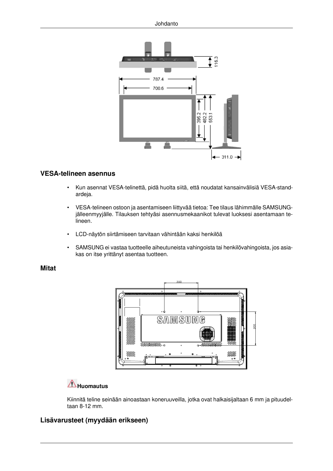 Samsung LH32CRSMBD/EN, LH32CRTMBC/EN, LH32CRSMBC/EN manual VESA-telineen asennus, Mitat, Lisävarusteet myydään erikseen 