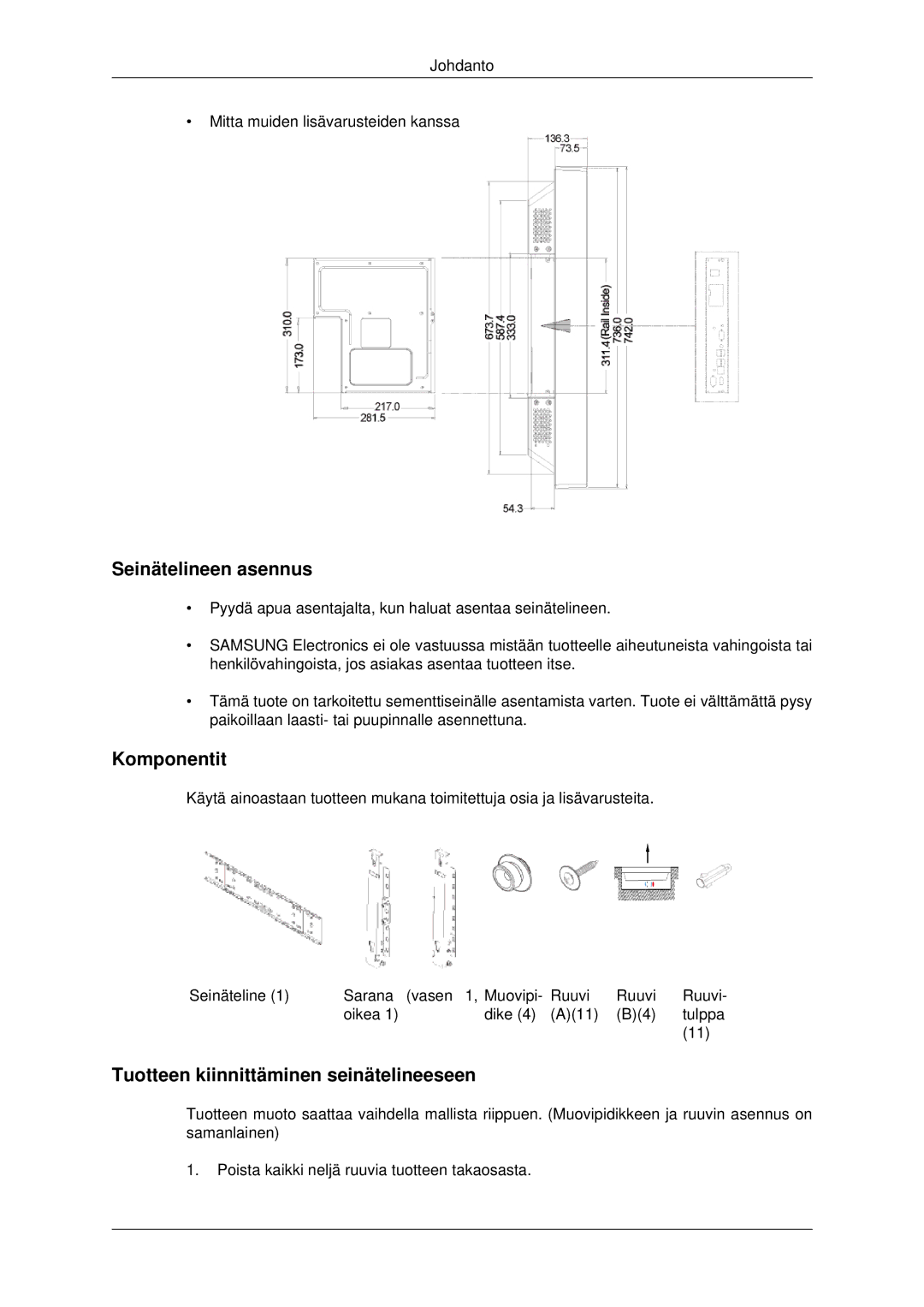 Samsung LH32CRTMBC/EN, LH32CRSMBC/EN manual Seinätelineen asennus, Komponentit, Tuotteen kiinnittäminen seinätelineeseen 