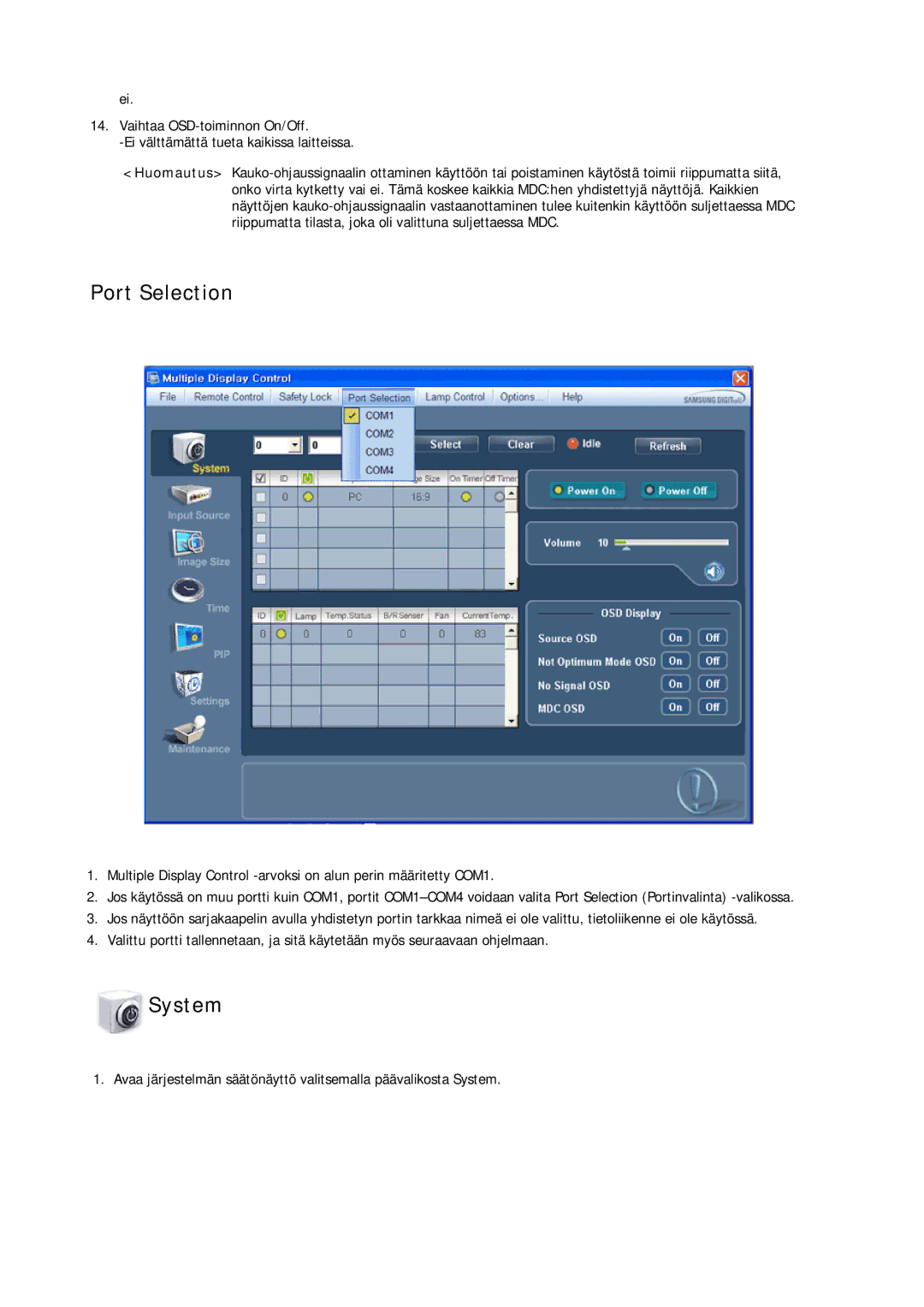 Samsung LH32CRSMBD/EN, LH32CRTMBC/EN, LH32CRSMBC/EN manual Port Selection, System 