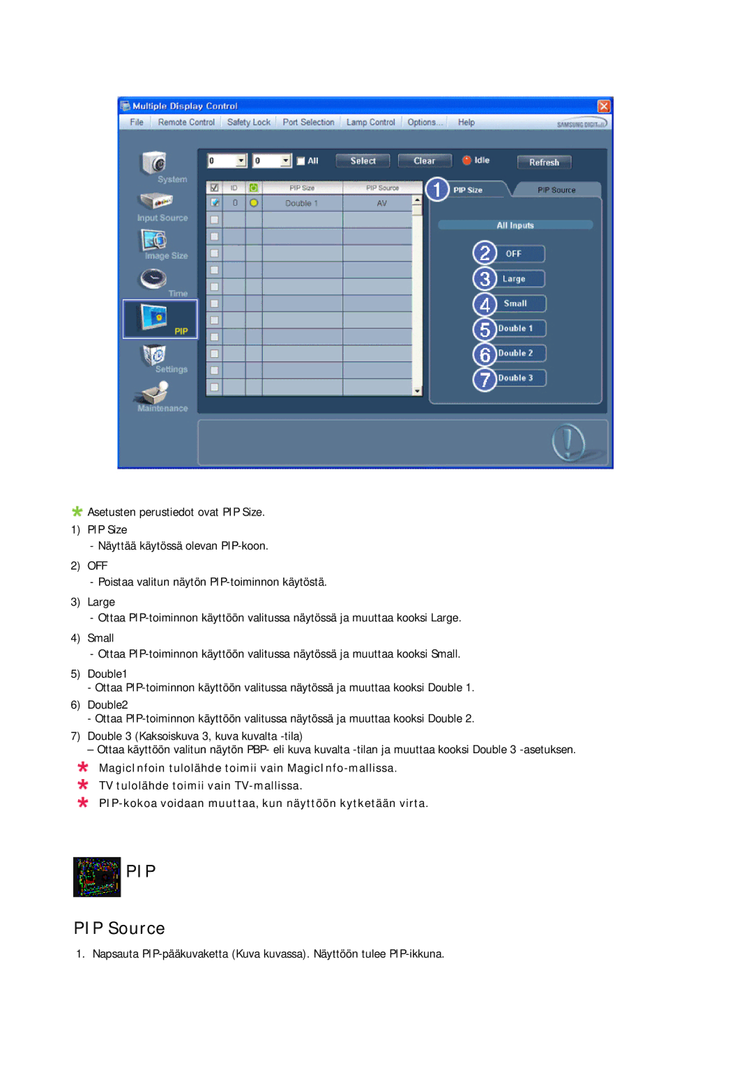 Samsung LH32CRSMBC/EN, LH32CRTMBC/EN, LH32CRSMBD/EN manual PIP Source 