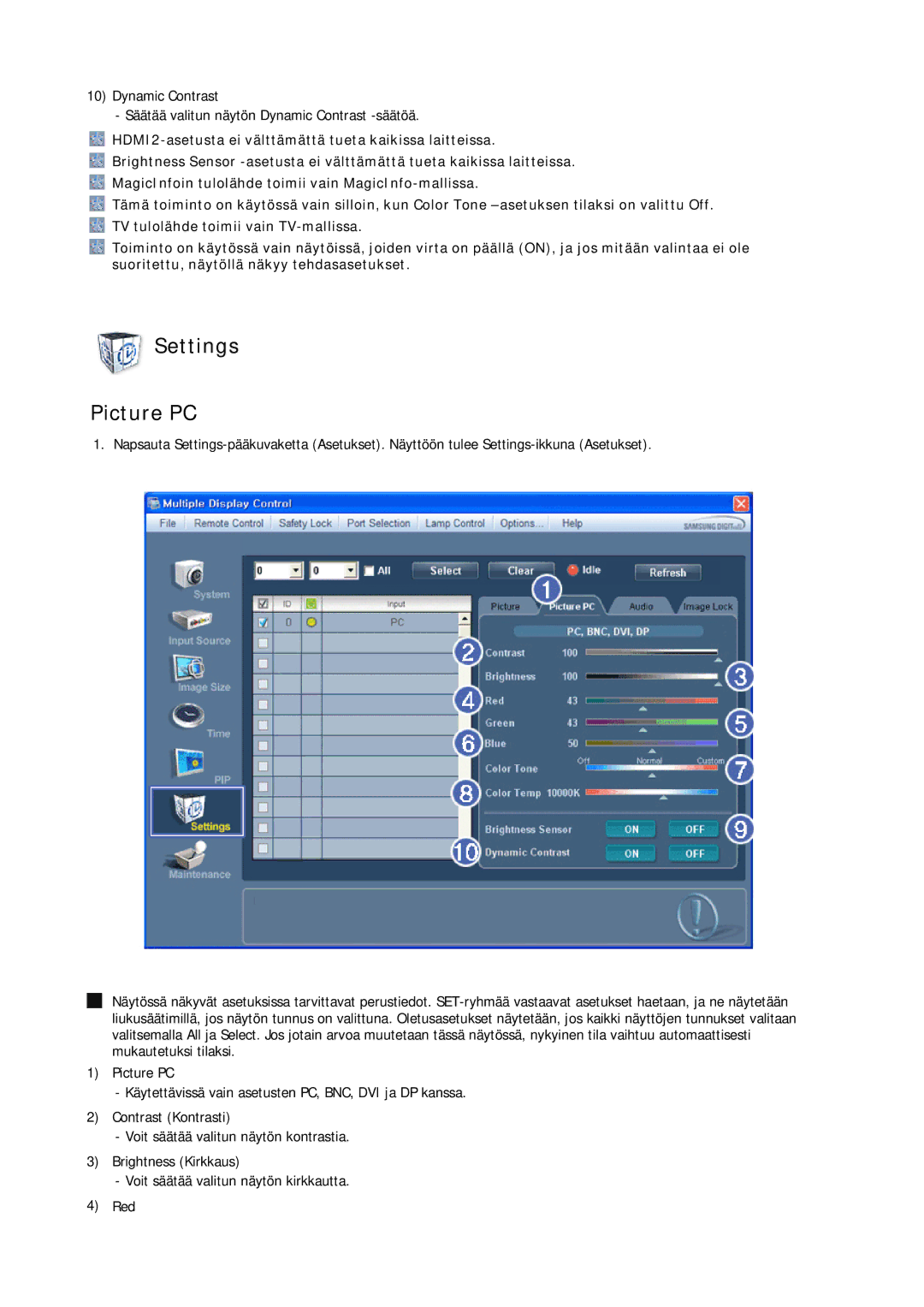 Samsung LH32CRSMBC/EN, LH32CRTMBC/EN, LH32CRSMBD/EN manual Settings Picture PC 