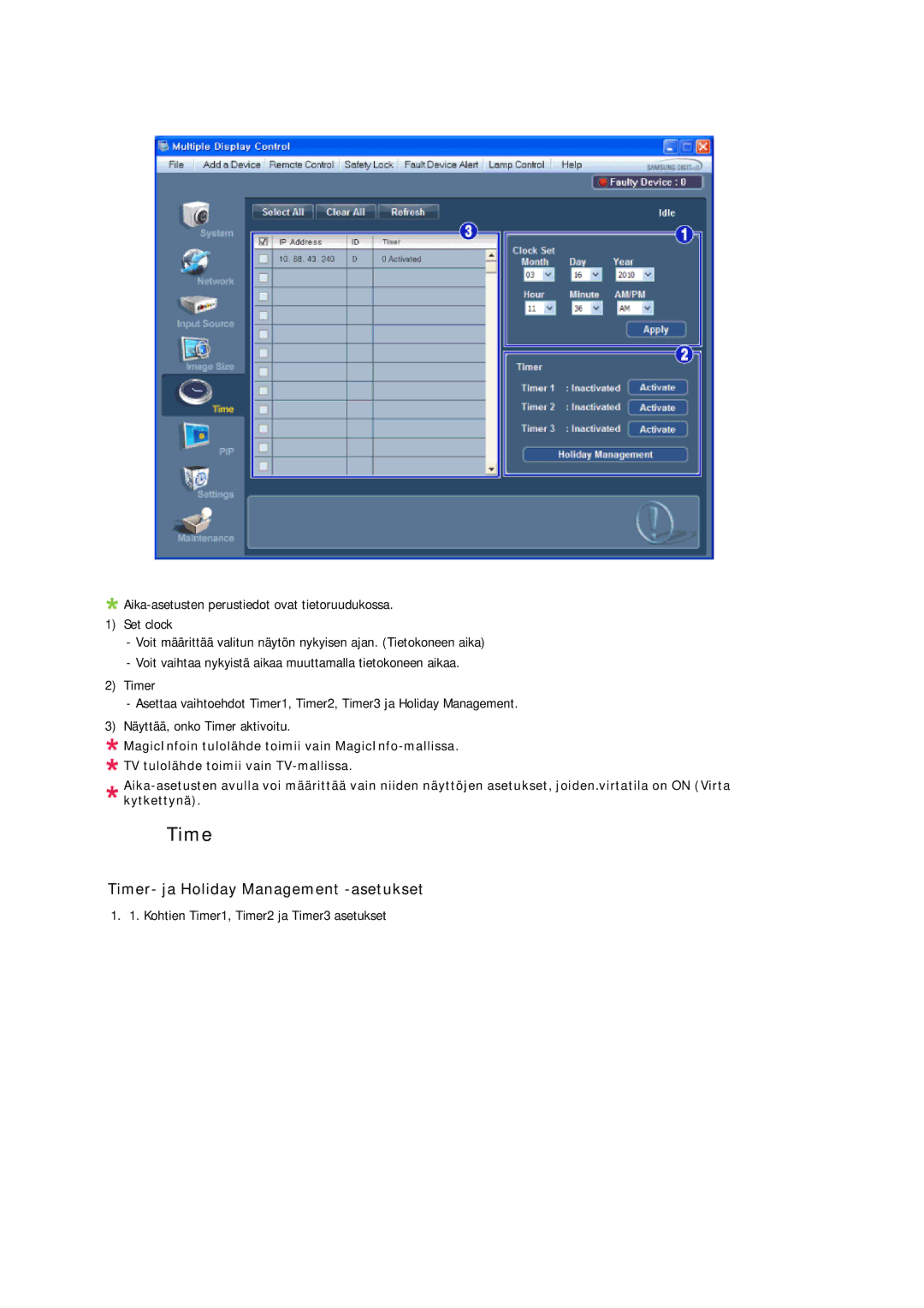 Samsung LH32CRTMBC/EN, LH32CRSMBC/EN, LH32CRSMBD/EN manual Timer- ja Holiday Management -asetukset 