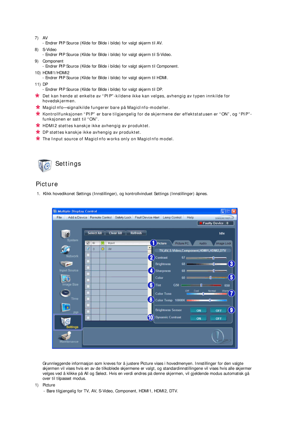 Samsung LH32CRSMBC/EN, LH32CRTMBC/EN, LH32CRSMBD/EN manual Settings Picture 