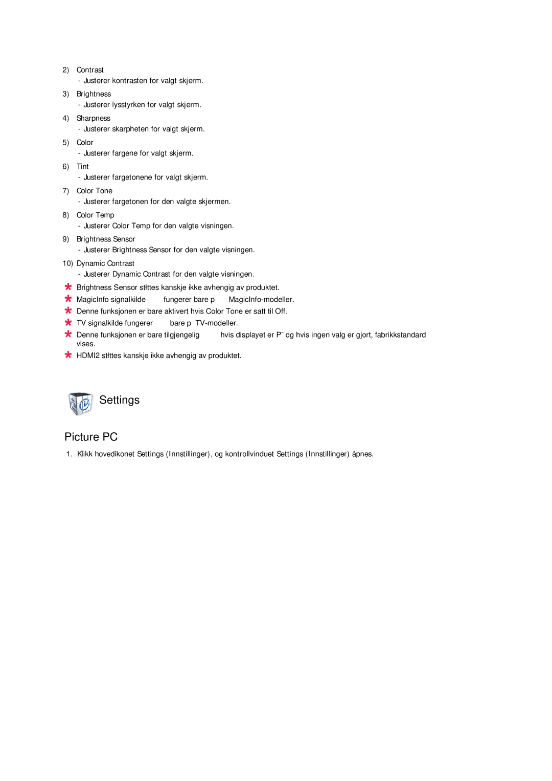 Samsung LH32CRSMBD/EN, LH32CRTMBC/EN, LH32CRSMBC/EN manual Settings Picture PC 