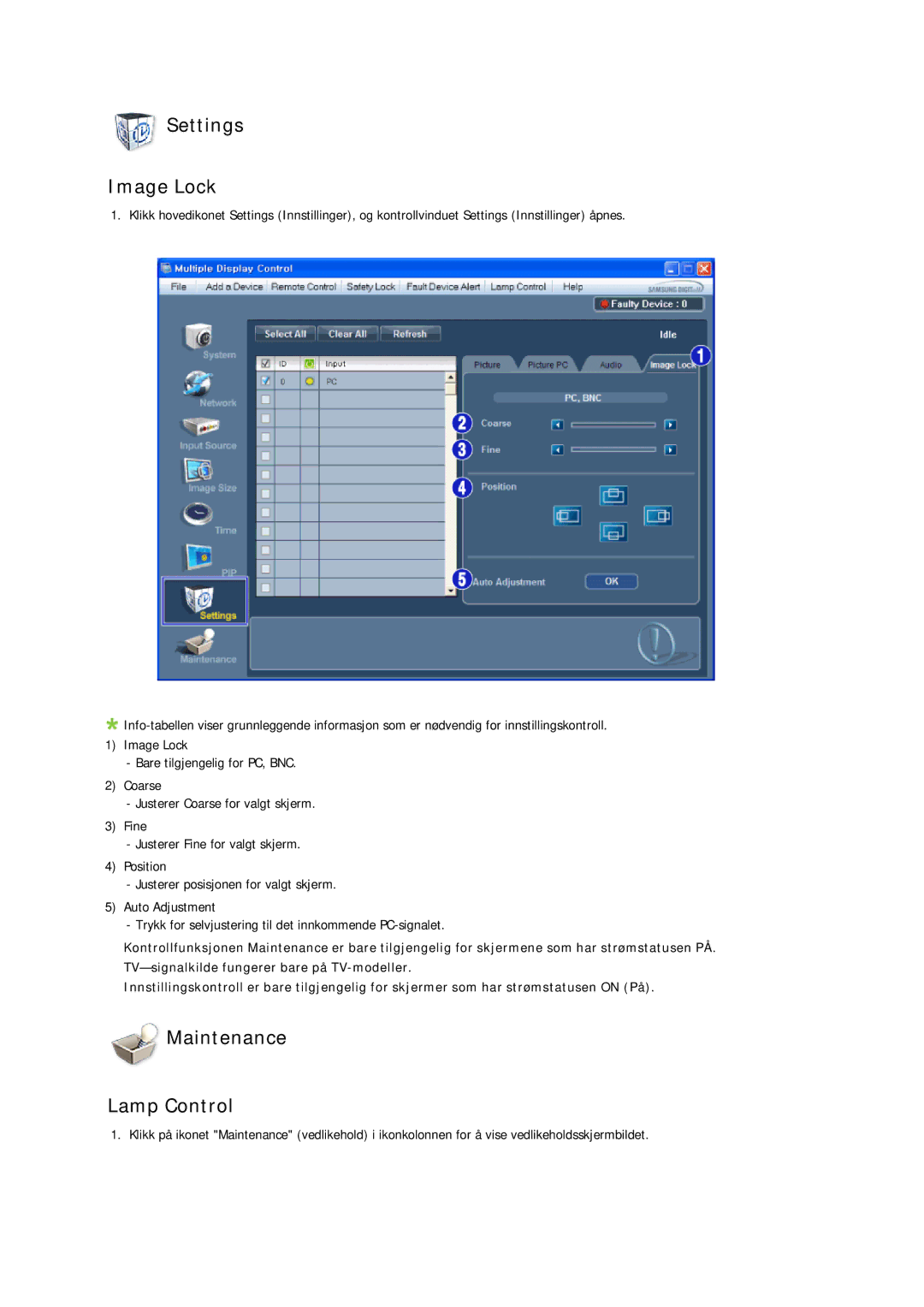 Samsung LH32CRSMBD/EN, LH32CRTMBC/EN, LH32CRSMBC/EN manual Settings Image Lock, Maintenance Lamp Control 