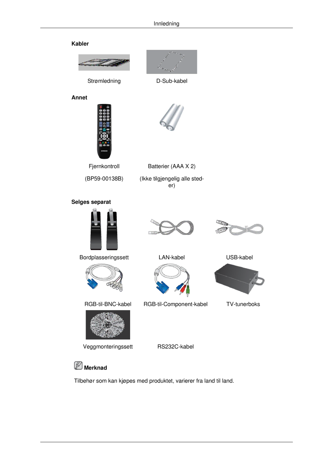 Samsung LH32CRSMBD/EN, LH32CRTMBC/EN, LH32CRSMBC/EN manual Kabler, Annet, Selges separat 