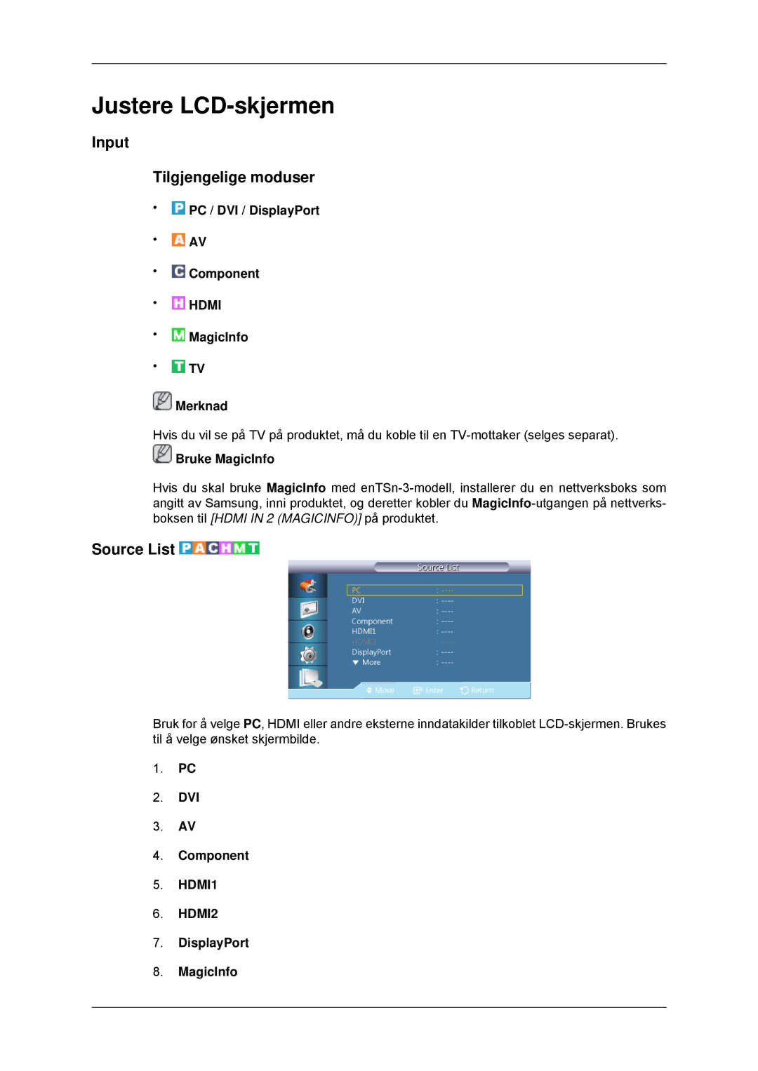 Samsung LH32CRSMBD/EN manual Input Tilgjengelige moduser, Source List, PC / DVI / DisplayPort Component, MagicInfo Merknad 